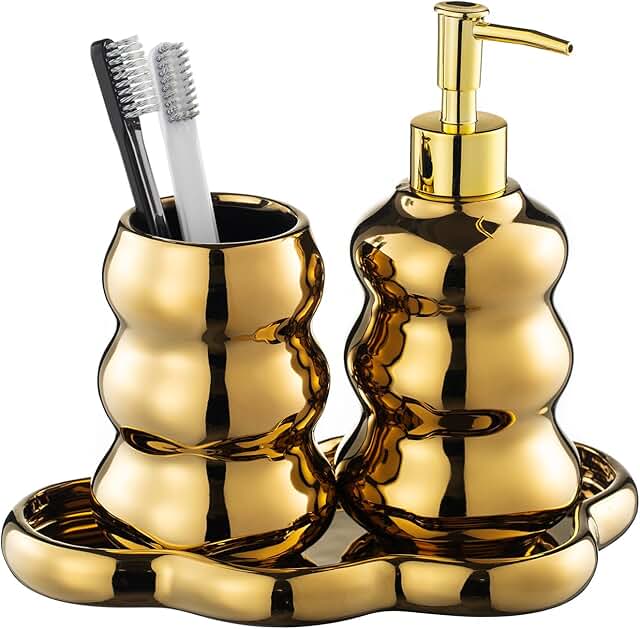 Gold Bathroom Accessory Set, 3-Piece Gold Ceramic Bath Accessories Set w...