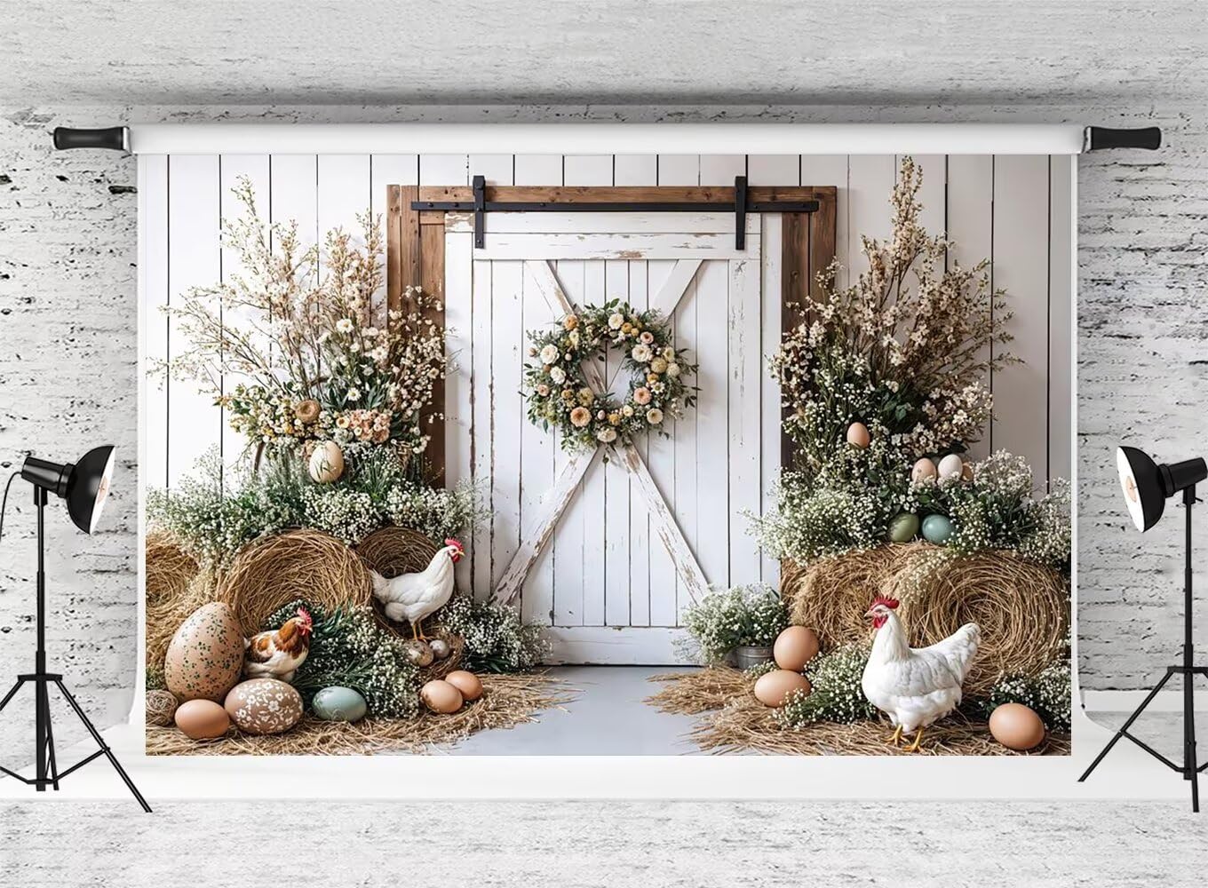 KateEaster Farmhouse Backdrop Spring Floral Background Chicken Egg Photo Background Studio Props,10x6.5ft