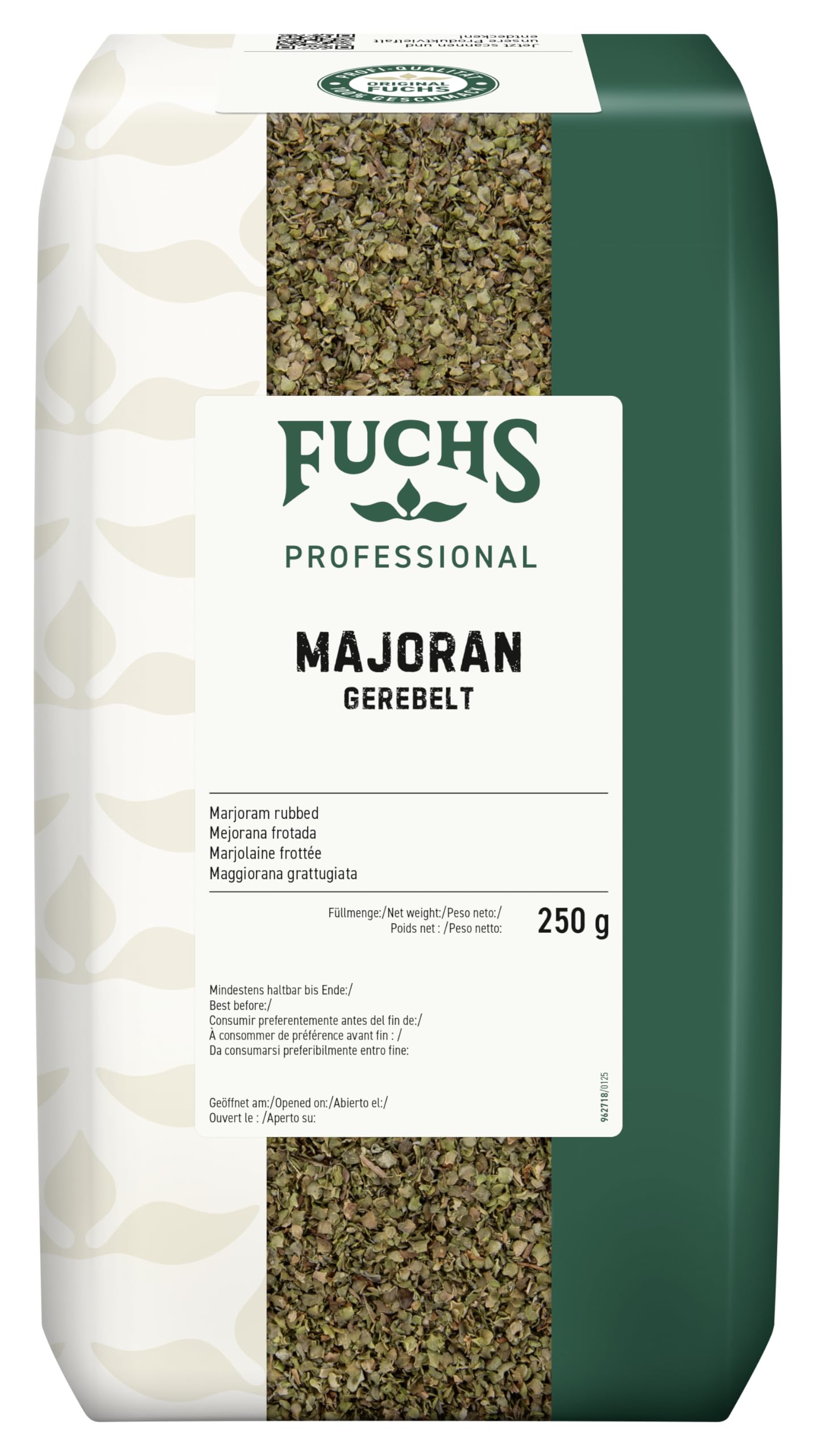 Fuchs Professional - Mejorana frotada | 250 g en bolsa reciclable | Para refinar guisos de judías y lentejas | Calidad profesional para consumidores a granel y gastronomía