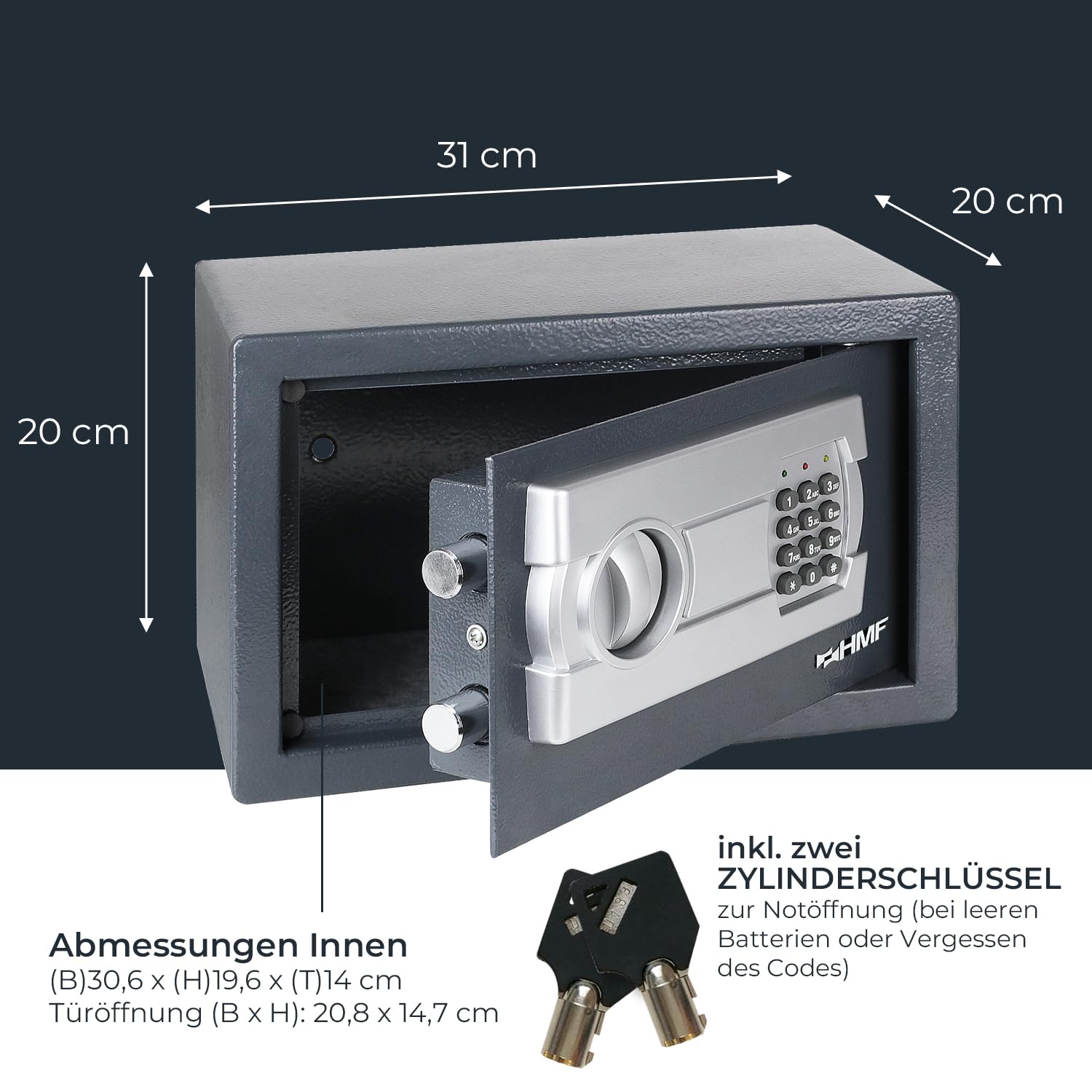 HMF Safe Tresor für Zuhause, Hotel oder Büro, Möbeltresor mit Zahlenschloss für DIN A5 Dokumente | 31 x 20 x 20 cm | Anthrazit