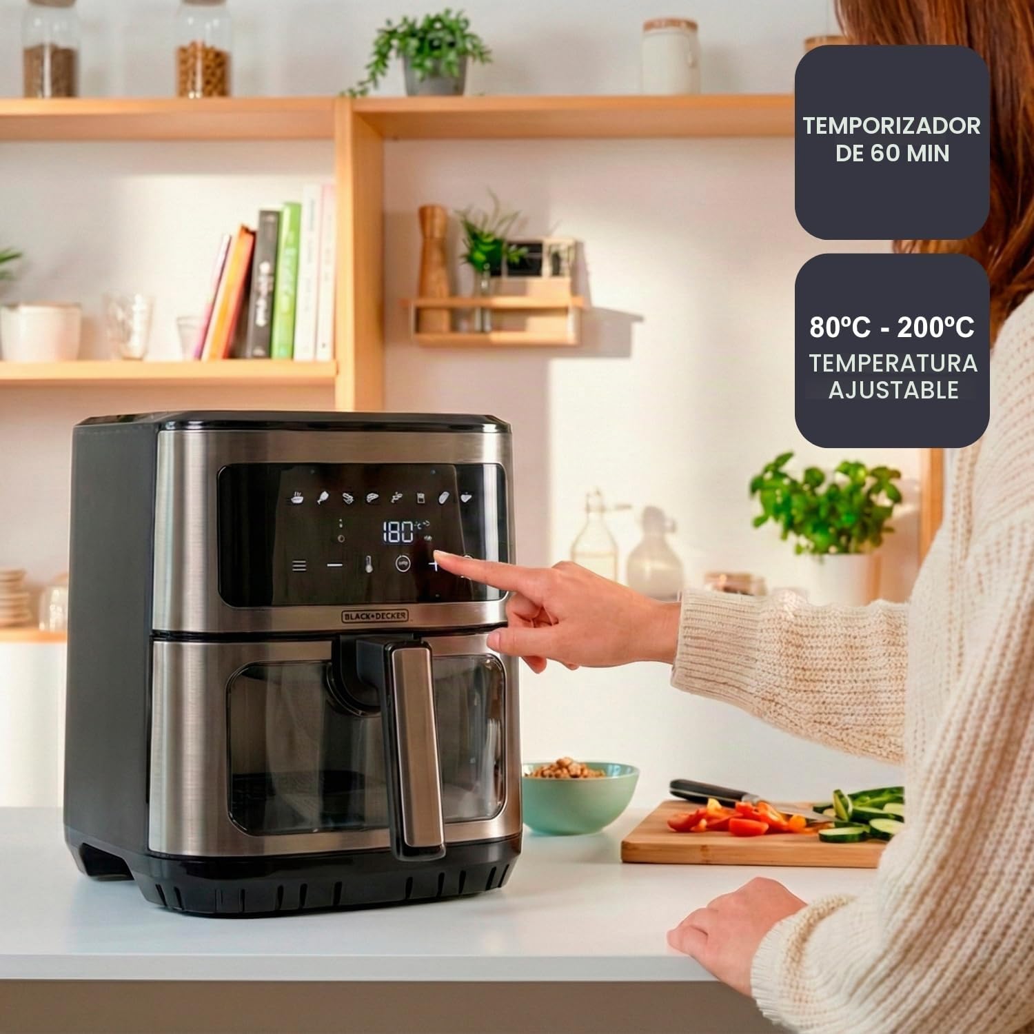 BLACK+DECKER - Freidora de Aire 6,5L, 1600W, 8 Programas, Pantalla Táctil