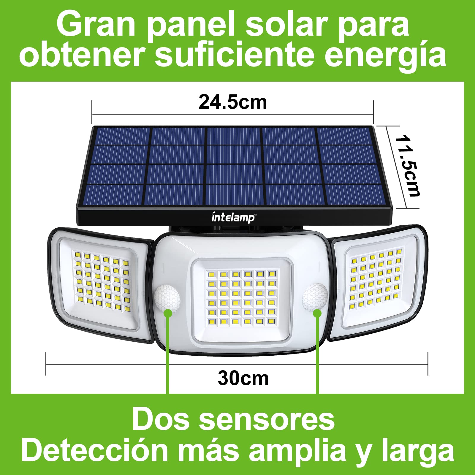 intelamp Foco Solar Exterior Luz Solar Exterior Focos Led Solares Potente 6000mAh Batería Luces Solares 1200LM con Sensor de Movimiento Garajes Luces de Jardin (1 paquetes)