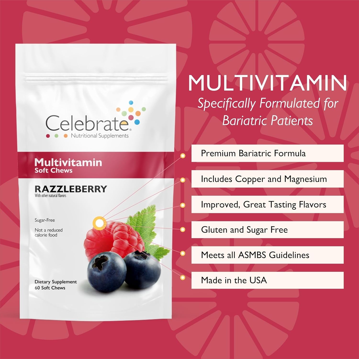 Celebrate Vitamins Bariatric Multivitamin Soft Chews - Essential Vitamins & Minerals, Sugar & Gluten Free - Gastric Bypass & Sleeve Gastrectomy Supplement - Berry (60ct)