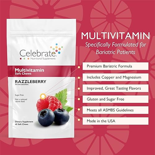 Miniatura 9 de Celebrate Vitamins Bariatric Multivitamin Soft Chews, RazzleberryStrawberryCherry, para pacientes post bariátricos, incluyendo gastrectomía en manga