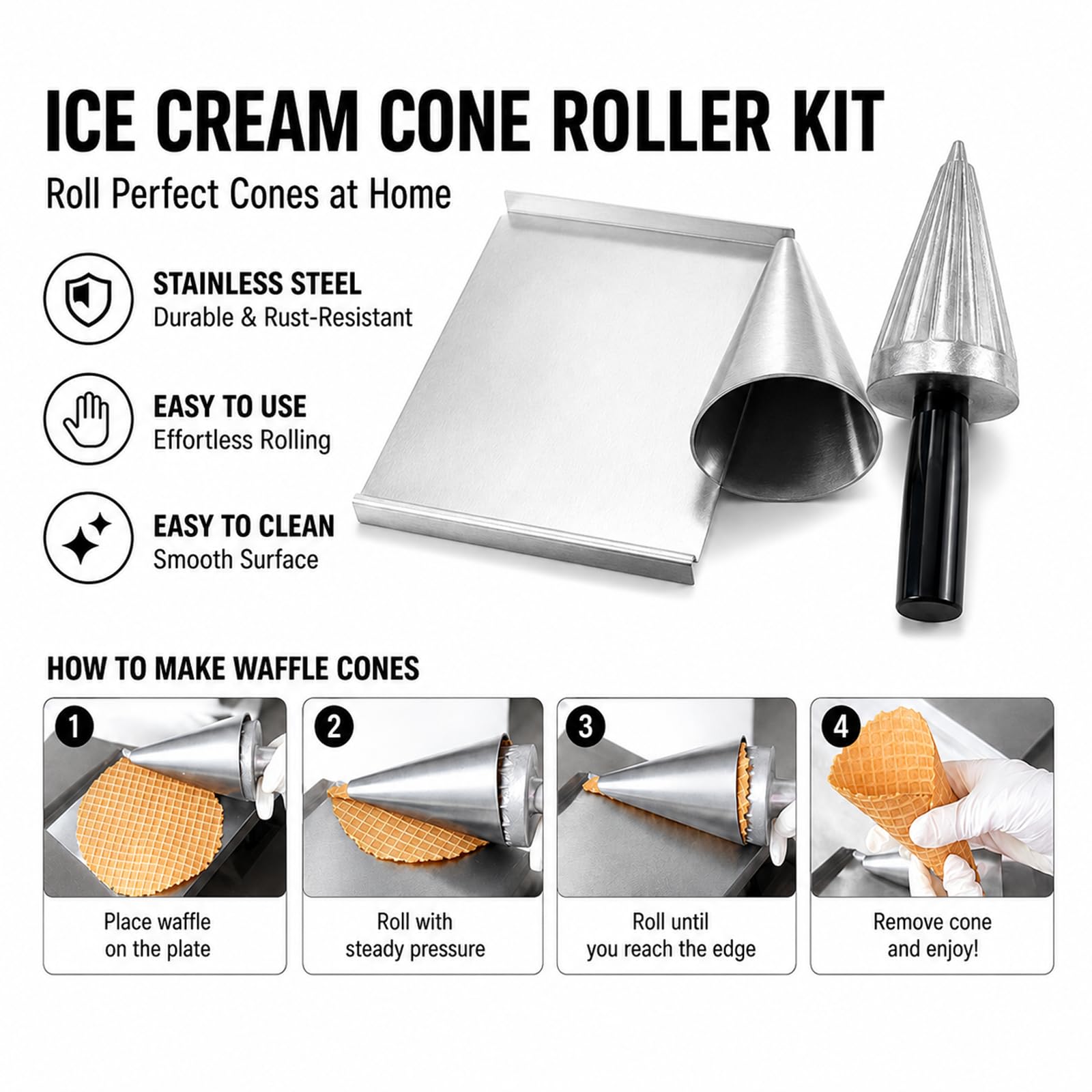 Moldeador de Conos de Gofre y Molde de Cono de Helado | Forma Lisa de Aluminio Fundido con Base Inox y Revestimiento Antiadherente para Conos Caseros, Cafeterías y Heladerías