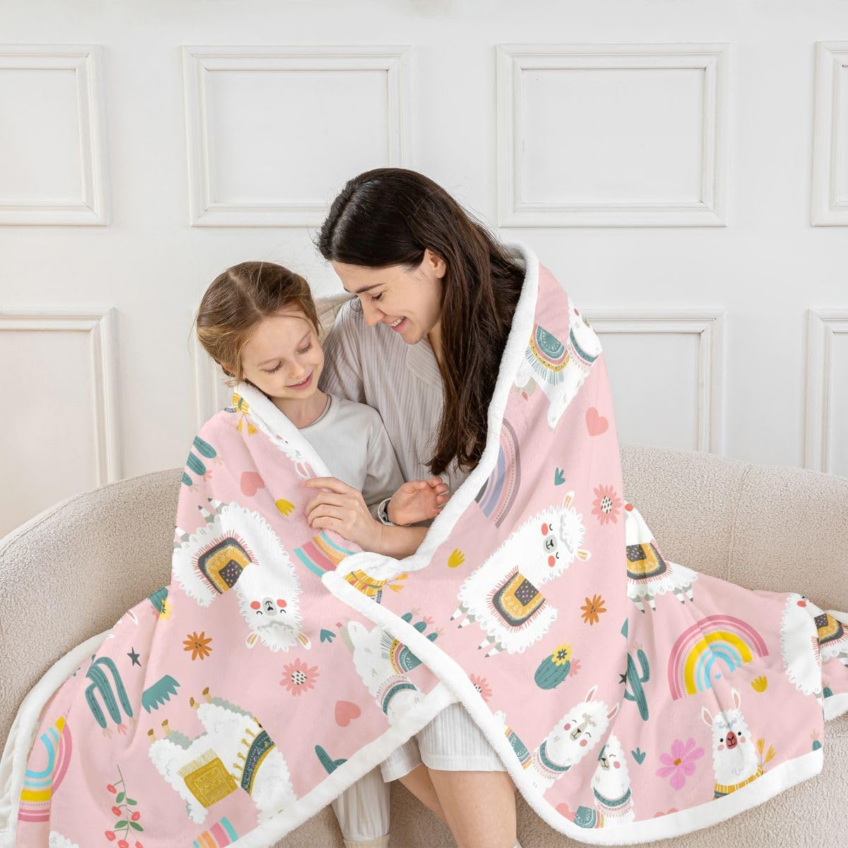 Homewish Różowy boho lama koc polarowy Twin 152 x 203 cm uroczy sukulent ciepły pluszowy koc szerpa kreskówka zwierzę puszysty pluszowy narzuta boho stylowy do salonu sypialni biura