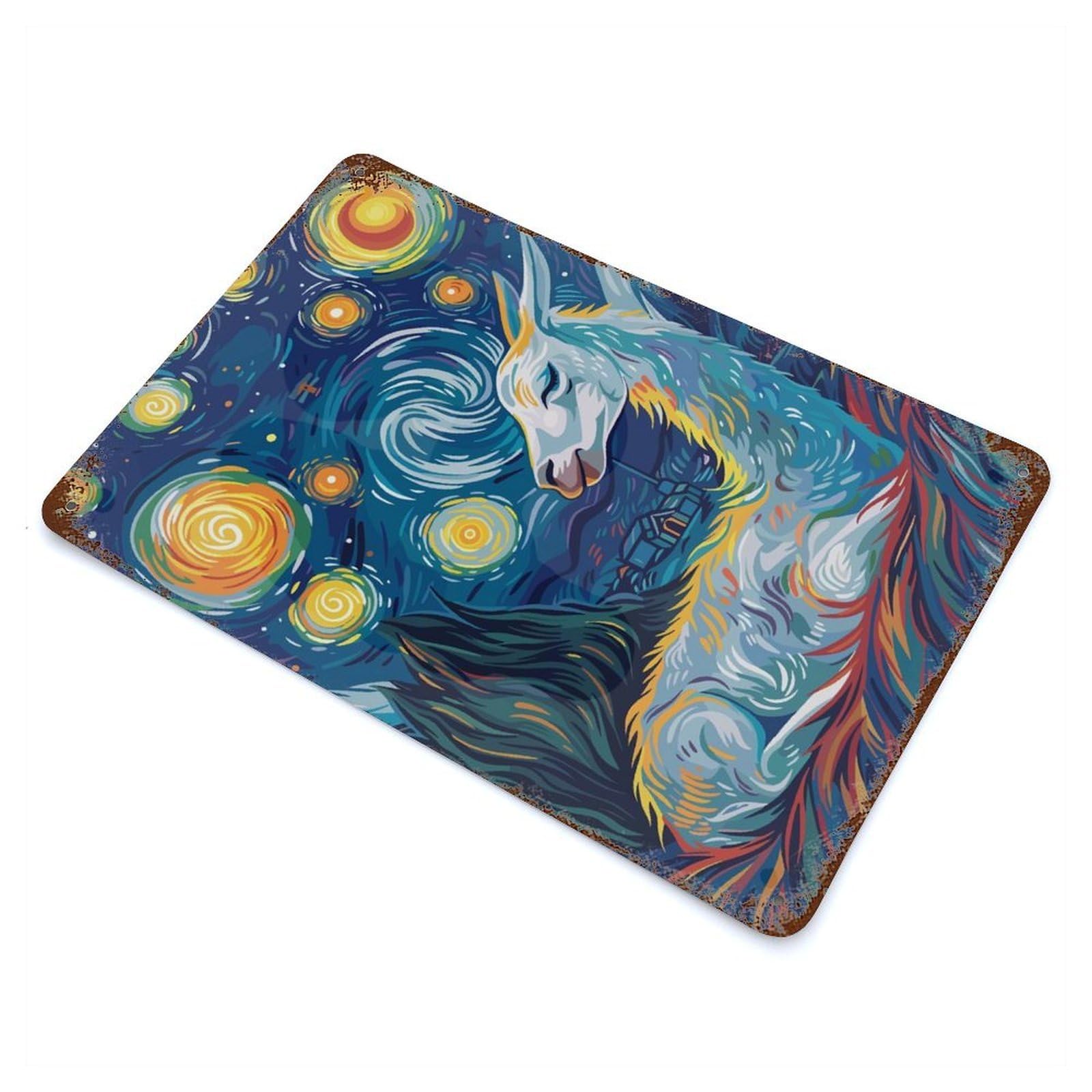 Llama in Starry Night Style Rusty Metal Tin Sign 11.8"x7.9", Ideal for Patio, Garden Room And Bar Decor