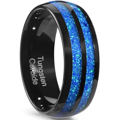 8MM tungsten steel men's ring, black shiny, inlaid with blue opal, comfortable, wed...