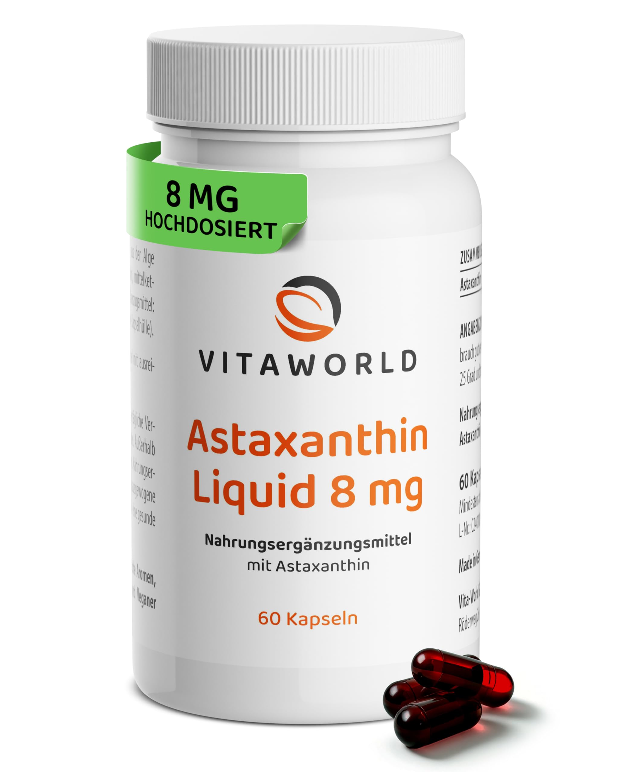 Astaxanthin Liquid - Astaxanthin hochdosiert 8mg pro Tag (60 vegane Kapseln) – flüssiges Astaxanthin aus Haematococcus pluvialis Alge mit MCT-Öl – hohe Bioverfügbarkeit – ohne Zusätze – vitaworld