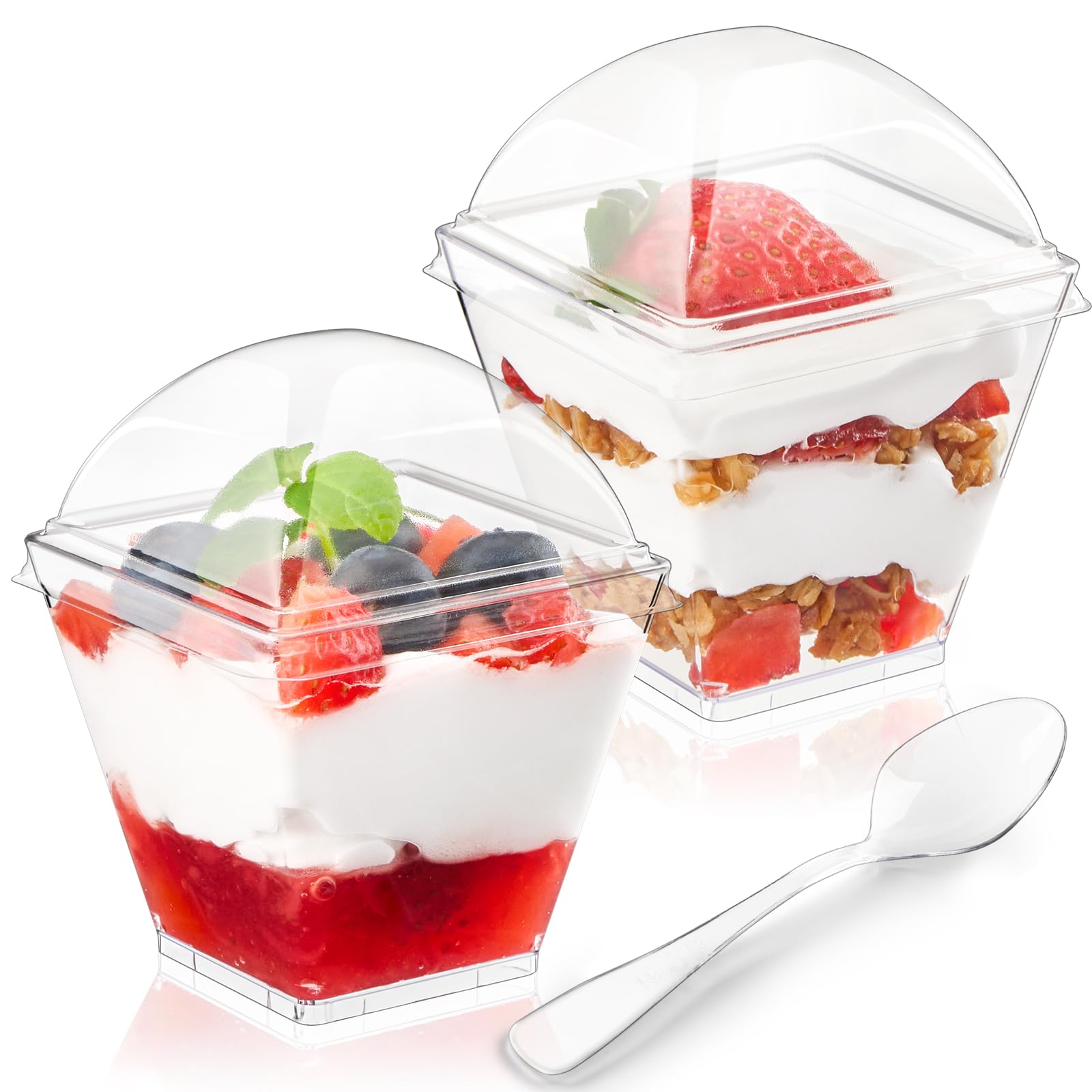 50 Pack 3.5 oz Mini Dessert Cups with Dome Lids and Spoons, Square Appetizer Cup Clear Plastic Shooter Cups for Serving Parfait, Pudding, Fruit, Jello
