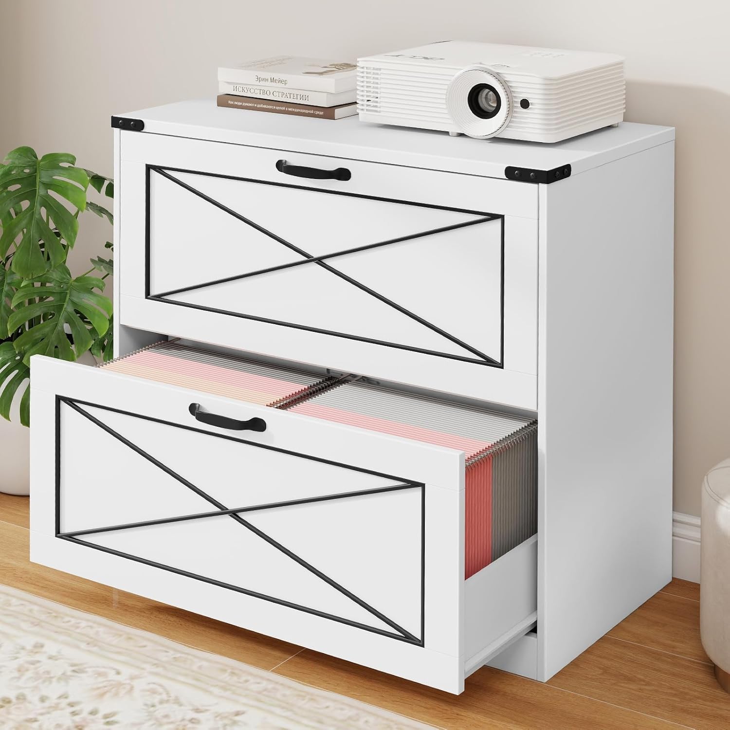 Vabches Lateral File Cabinet with 2 Drawers, Farmhouse Filing Cabinet Office File Cabinet with File Drawers, Wood Rustic Storage Cabinet File Organizer for Home Office, Living Room, White