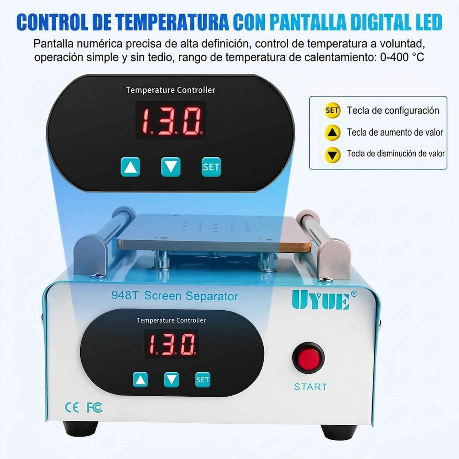 Separador de Pantalla para telefono movil Placa calefactora reparacion Pantalla LCD Separador de Pantalla Caliente Separador de Pantalla con 3 Almohadillas de Silicona Azul UYUE948T AC 220V.