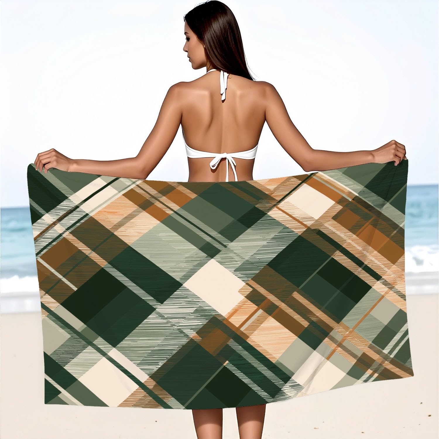Serviette de Plage Microfibre 230 x 210 CM,Drap de Plage Classique, Rétro, Géométrique, Couverture de Plage Absorbante,Couverture de Bain Vichy Classique, Rayures, Grille