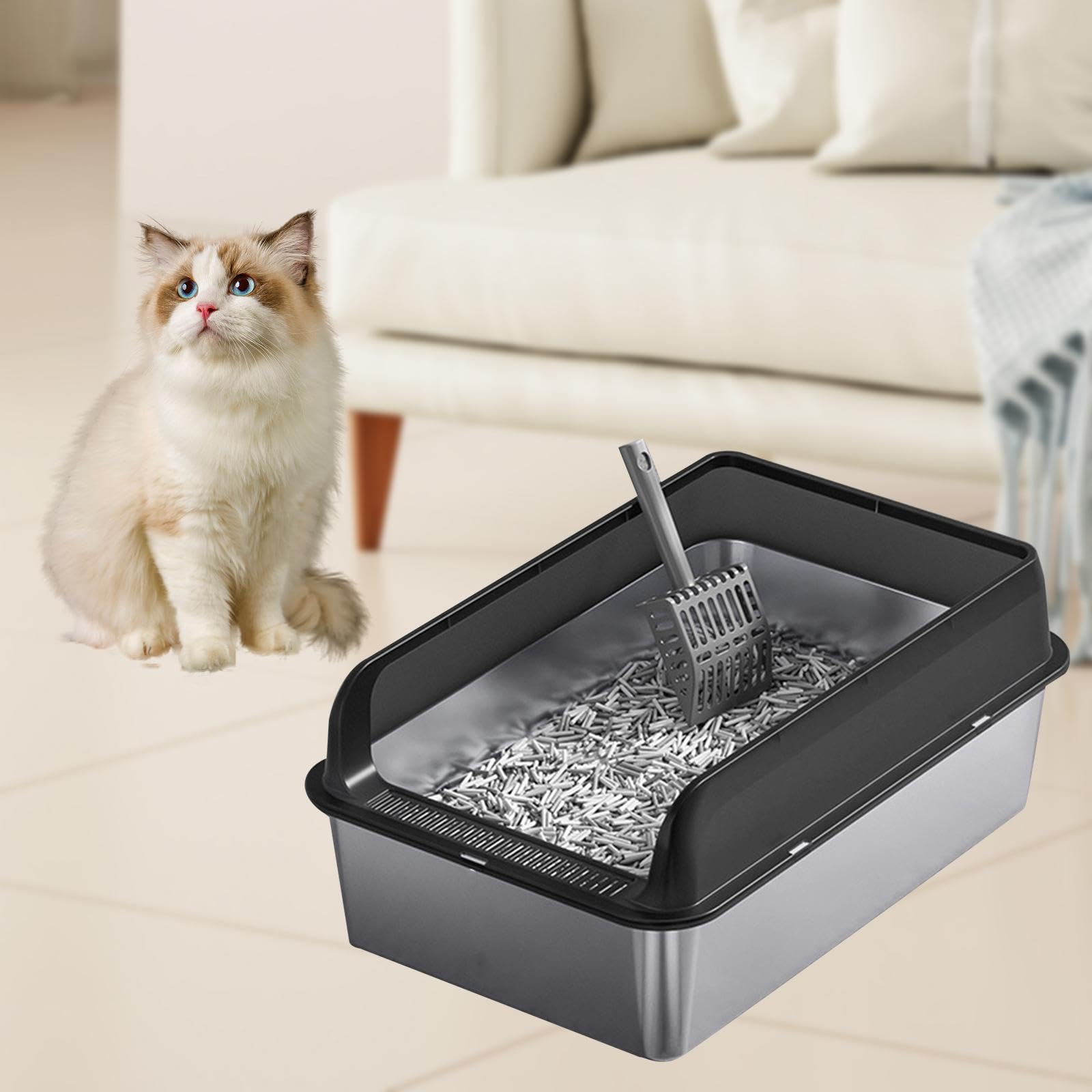 Edelstahl Katzentoilette ohne Deckel, Katzenklo Hoher Rand Offen, Antibakterielle Katzenklo Metall mit Spritzschutz, Open Top Pet Litter Box mit Schaufel und Anti-Rutsch-Matte, 50 * 35 * 15cm