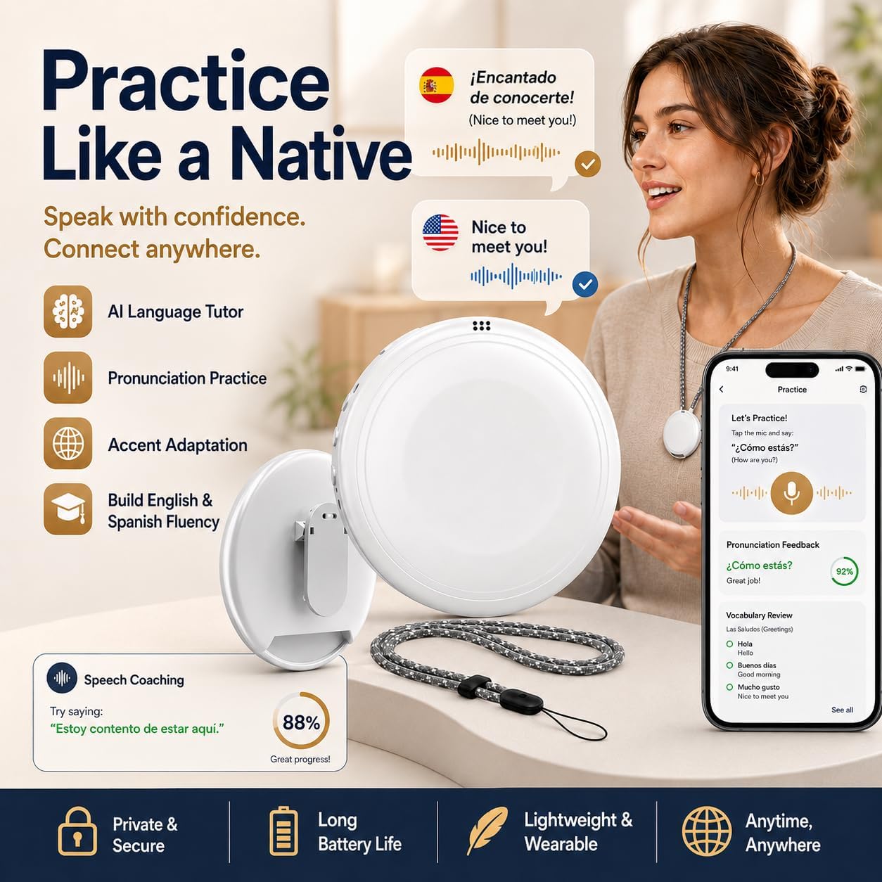Smart AI Language Translator Device, 160+ Languages Supported, Portable Wearable Translator for Spanish & English Practice, Travel, Business & Daily Communication