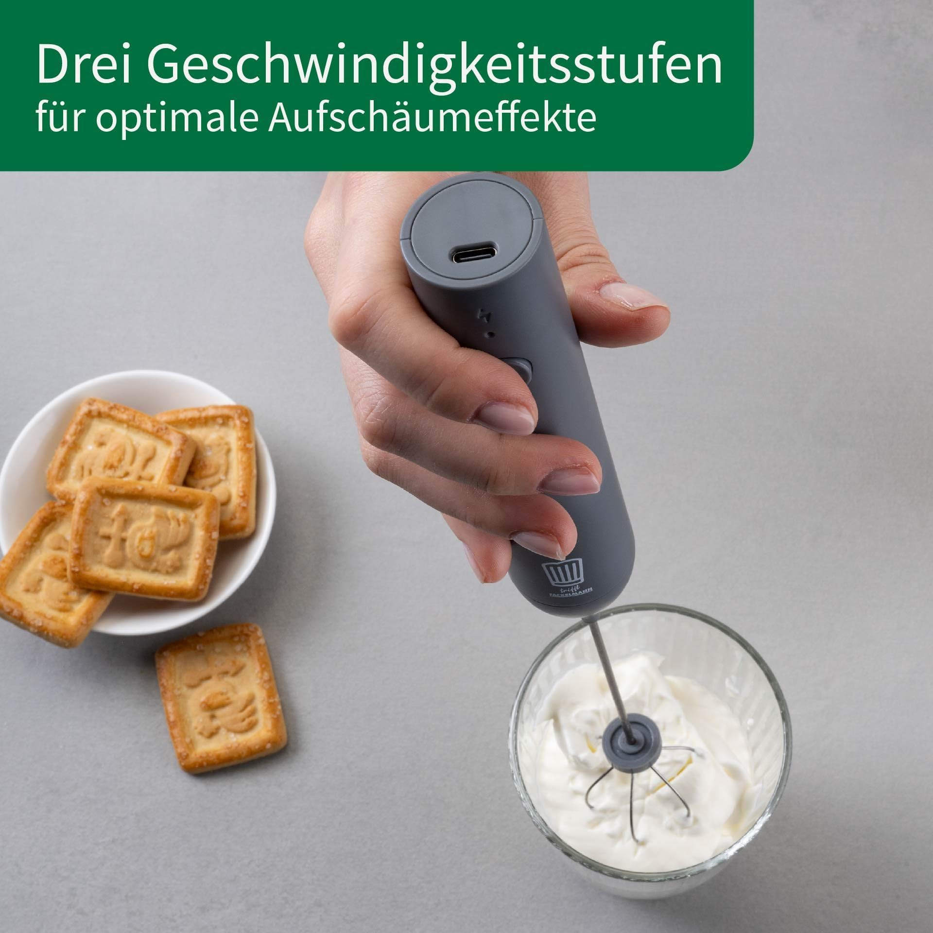 Chefkoch incontra Fackelmann - Montalatte elettrico con 2 fruste, ricaricabile USB-C, 3 velocità, grigio scuro