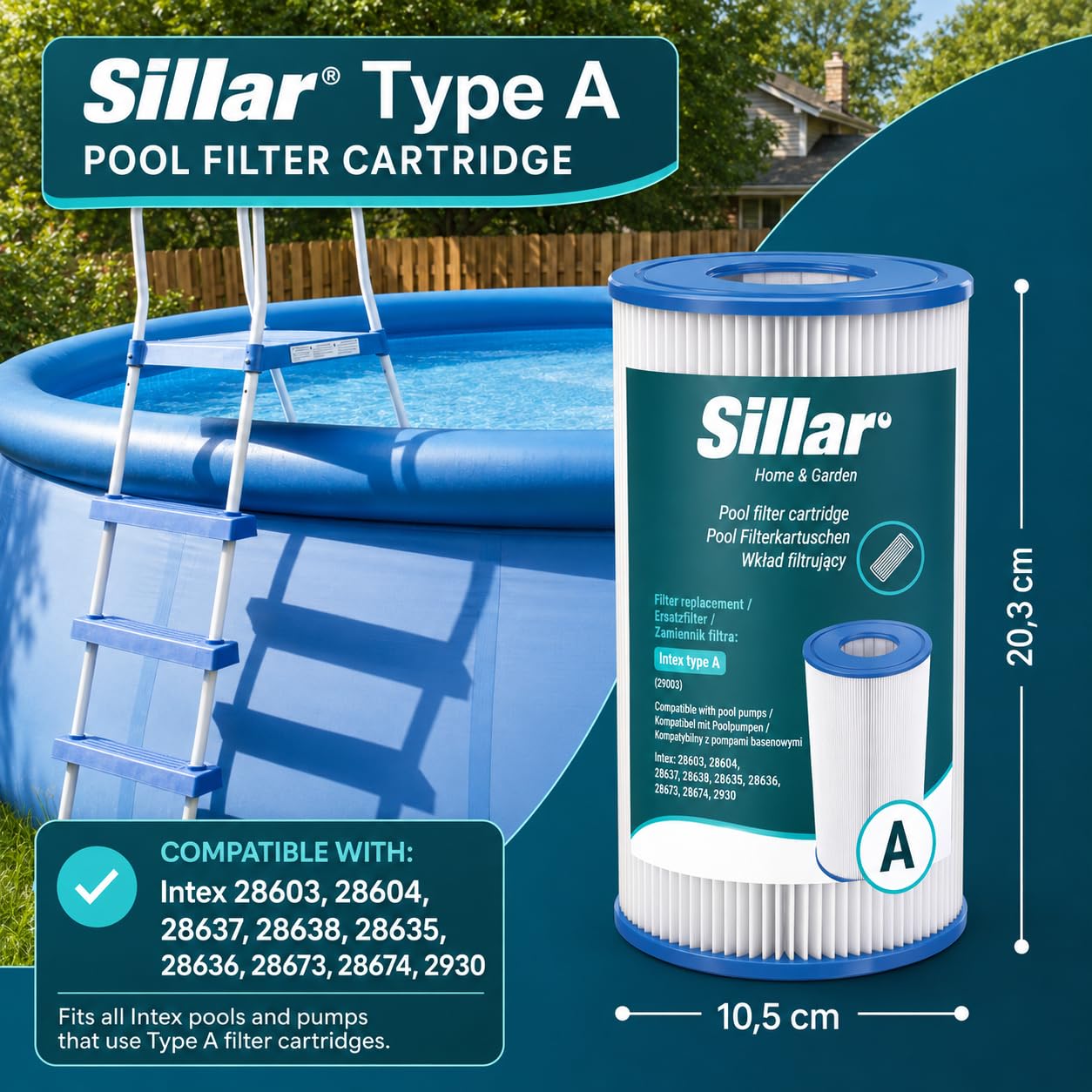 Sillar Cartuchos de Filtro para Piscina Tipo A – Pack de 6 Unidades, repuestos para Bombas de filtración Intex 28603/28604/28637, compatibles con Bombas y Cartuchos de Filtro Intex