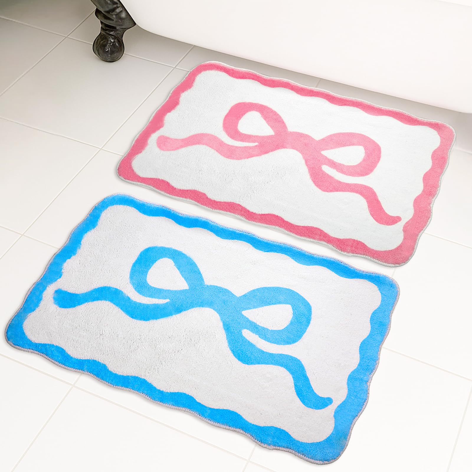 2 Pack Scalloped Bow Bathroom Rug Cute Bow Room Decor Non Slip Microfiber Absorbent Bath Mat Pink Carpet