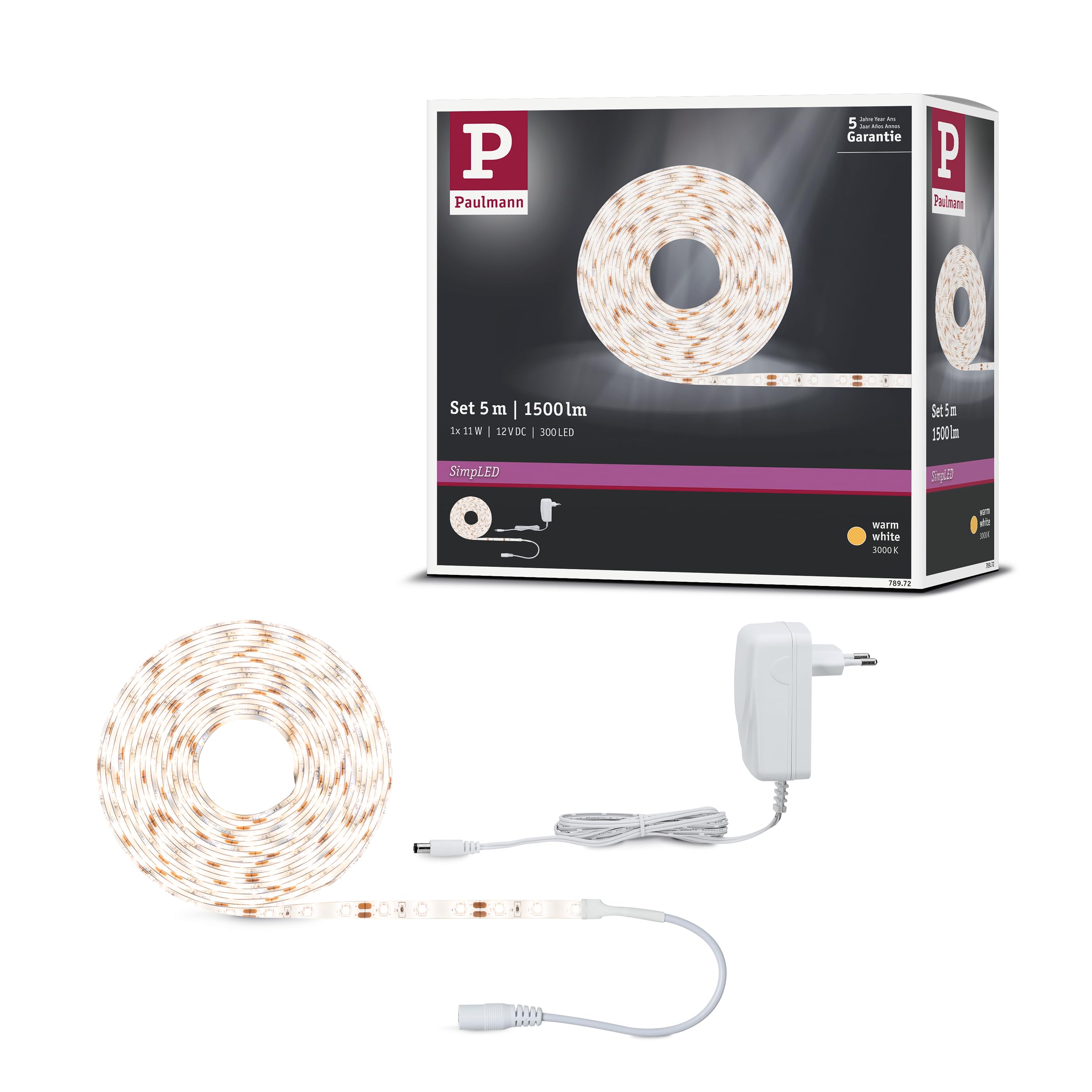 Paulmann FN SimpLED Stripe Set 5 m Warmweiß – Komplettset (17 W, 230/12 V DC, Weiß, Metall)