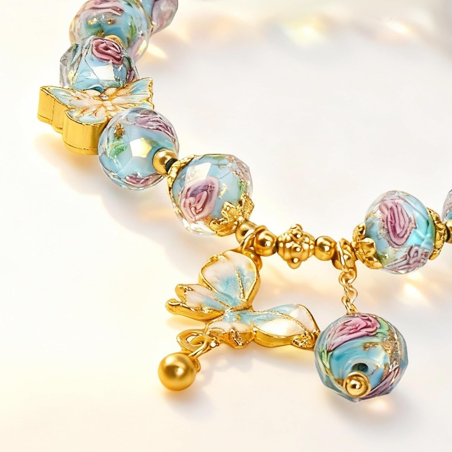 Butterfly Charm Bracelet for Women, Liuli Flower Healing Bracelet with 8mm Floral Beads, Pastel Stretch Bracelets Jewelry Gifts for Her Mother