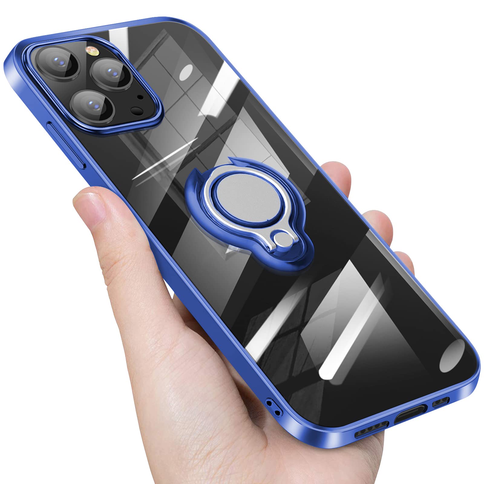 Guuboly Crystal Clear Compatible for iPhone 13 Pro Case 6.1 inch with Ring Holder Kickstand Soft Silicone Flexible Drop Protection Shockproof TPU Cover Protective Phone Case Slim Thin, Blue