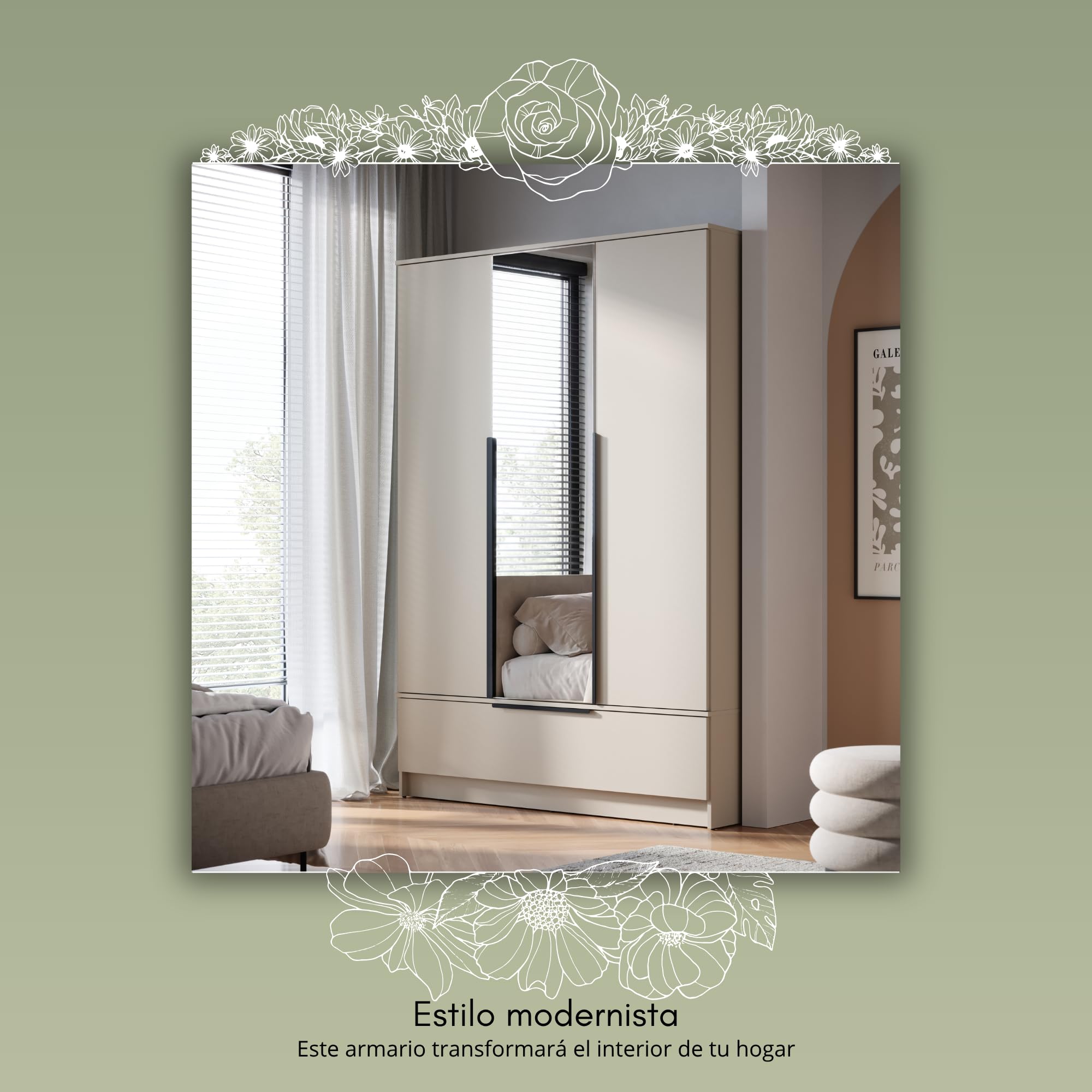 Armarios Dormitorio Alto de 3 Puertas Spirit - Largo de 193 x 135 cm - Armario Ropero para el Salón, la Habitación - Roperos de Dormitorio con Espejo