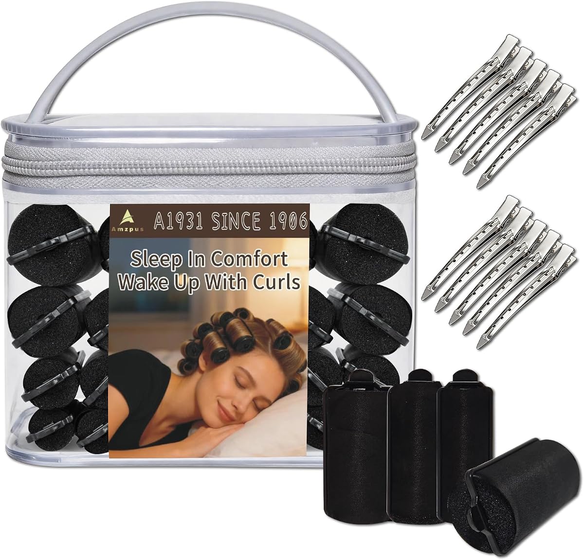 46 PCS Multi-Size Foam Hair Rollers Set - Satin Sponge Hair Curlers with Duck Teeth Clips, No Heat Overnight Sleep-In Rollers for Long/Short Hair Styling(Black)