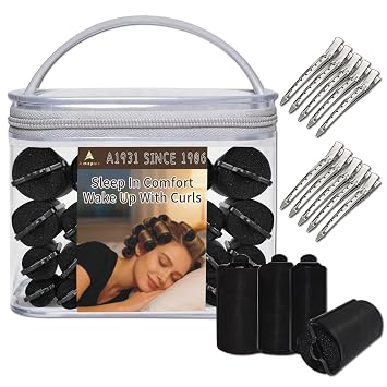46 PCS Multi-Size Foam Hair Rollers Set - Satin Sponge Hair Curlers with Duck Teeth Clips, No Heat Overnight Sleep-In Rollers for Long/Short Hair StylingBlack