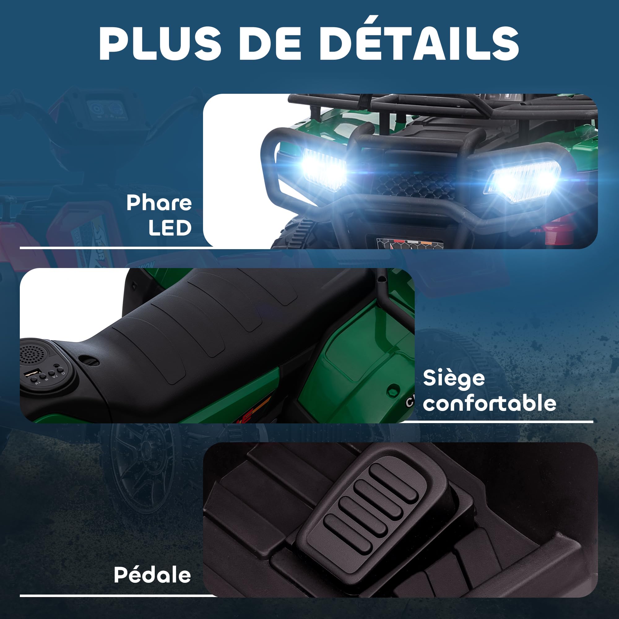 HOMCOM Quad électrique Enfant 12V, Voiture électrique Enfants, Double Moteur, Vitesse 2-4 km/h, phares et Musique, Marche Avant et arrière, Voiture à Batterie pour 3 à 5 Ans, Vert