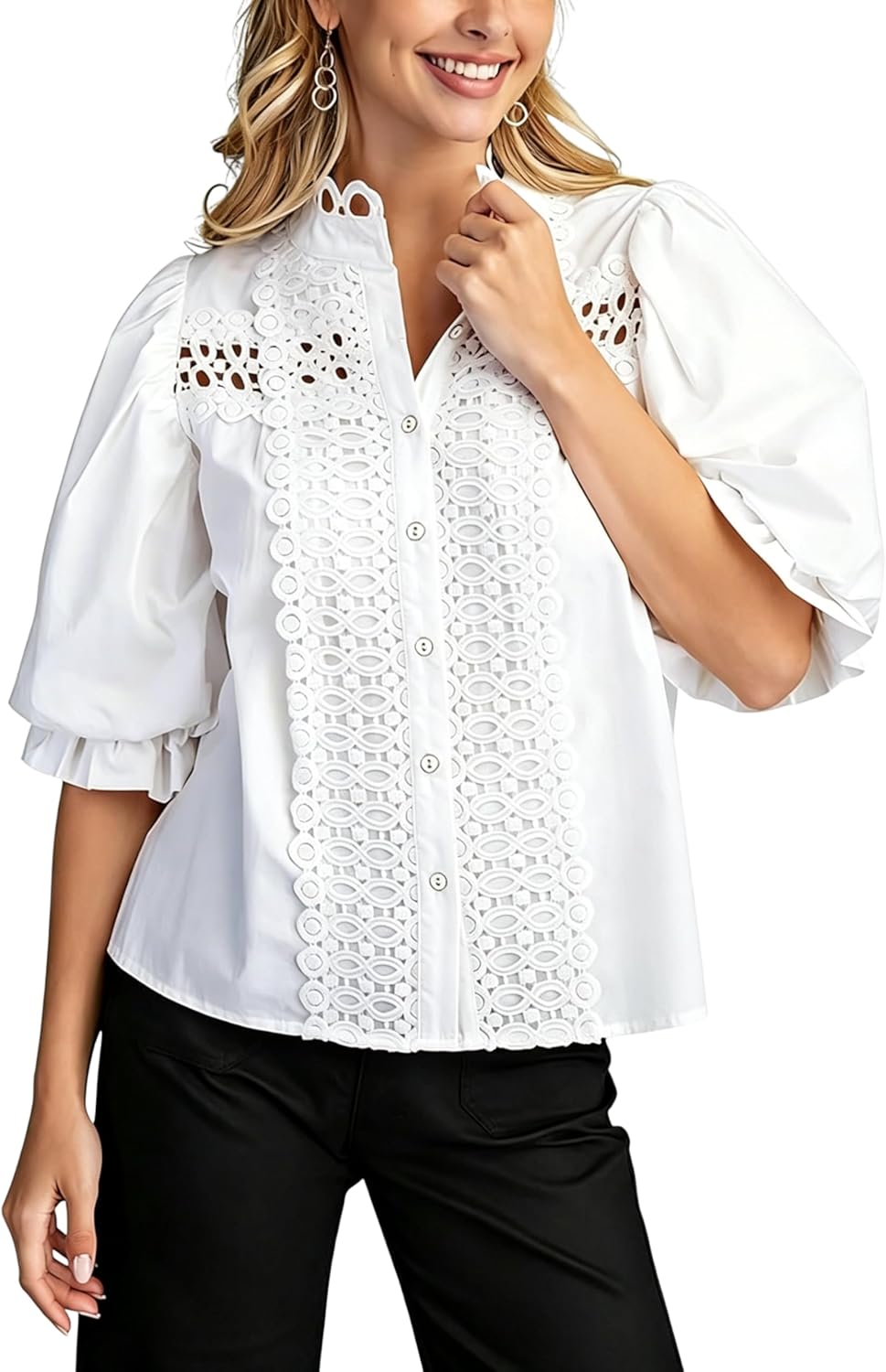 Esmeling Women Lace Embroidered Eyelet Top Mock Neck Puff Ruffle Sleeve Shirt Hollow Out Button Down Blouse