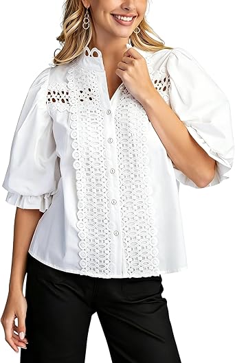 Esmeling Women Lace Embroidered Eyelet Top Mock Neck Puff Ruffle Sleeve Shirt Hollow Out Button Down Blouse