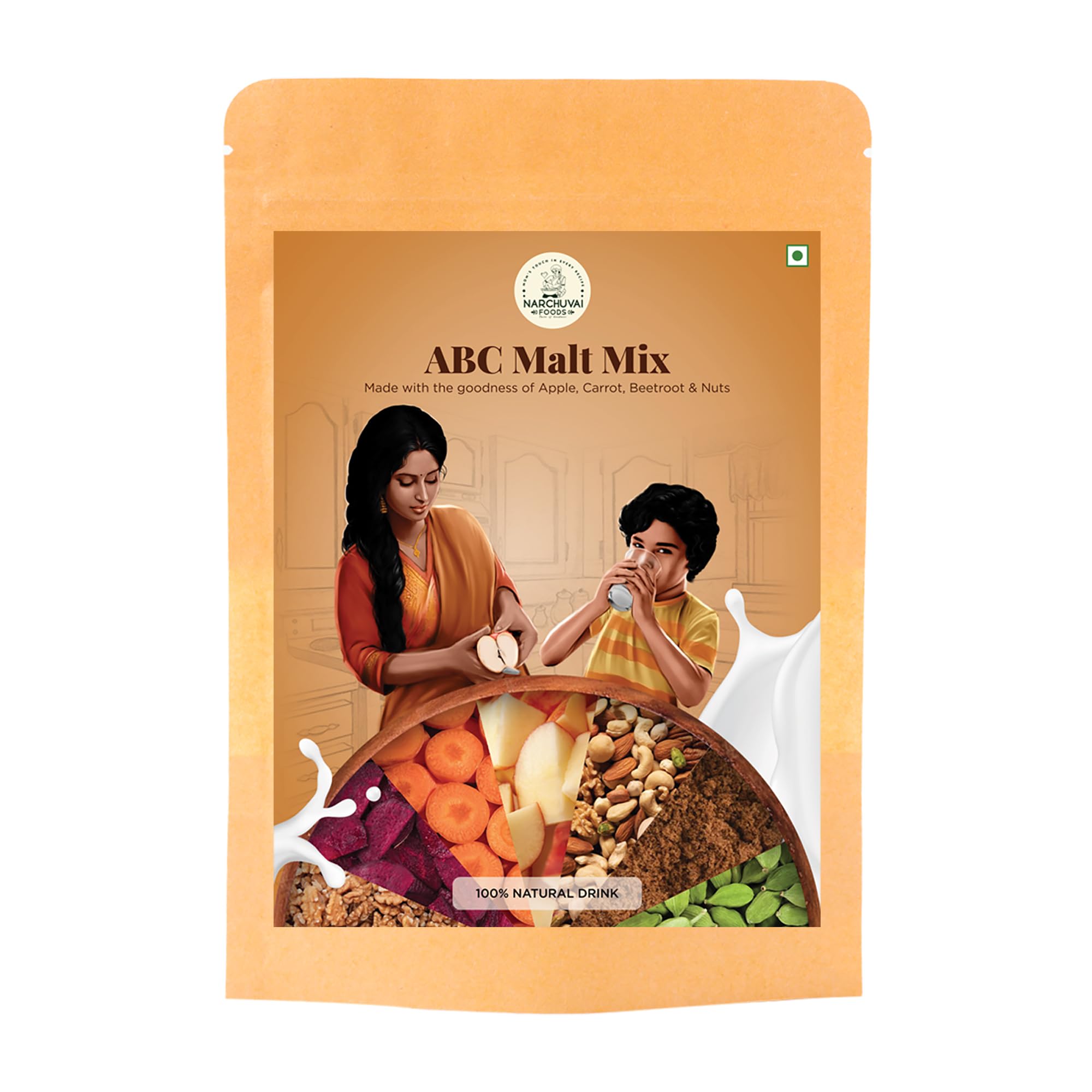 Narchuvai Foods | ABC Malt Mix | Apple, Beetroot, Carrot | No Preservatives | Zero White Sugar | Ready-to-Mix | Almond, Cashew, and Cardamom |Homemade & No Preservatives| Malt-Based Nutritional Mix | Natural Drink for Kids, Adults, Elders (500gms)