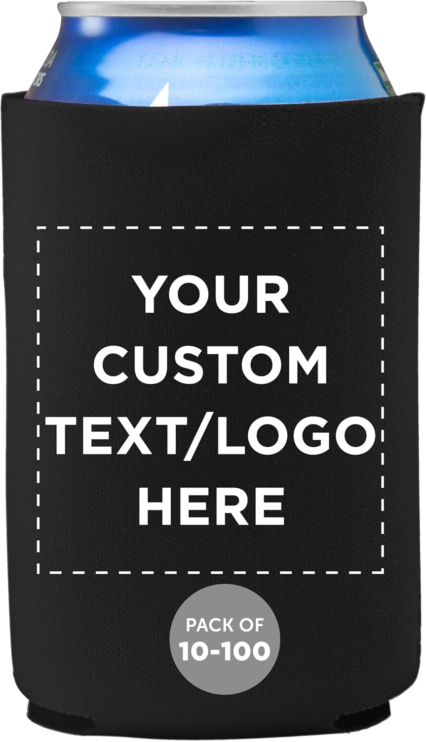 Custom Neoprene Collapsible Can Coolers 12 oz. Set of 10/50/100, Personalized Bulk Pack - Great for Weddings, Parties, Anniversary, Indoor & Outdoor Events - Black