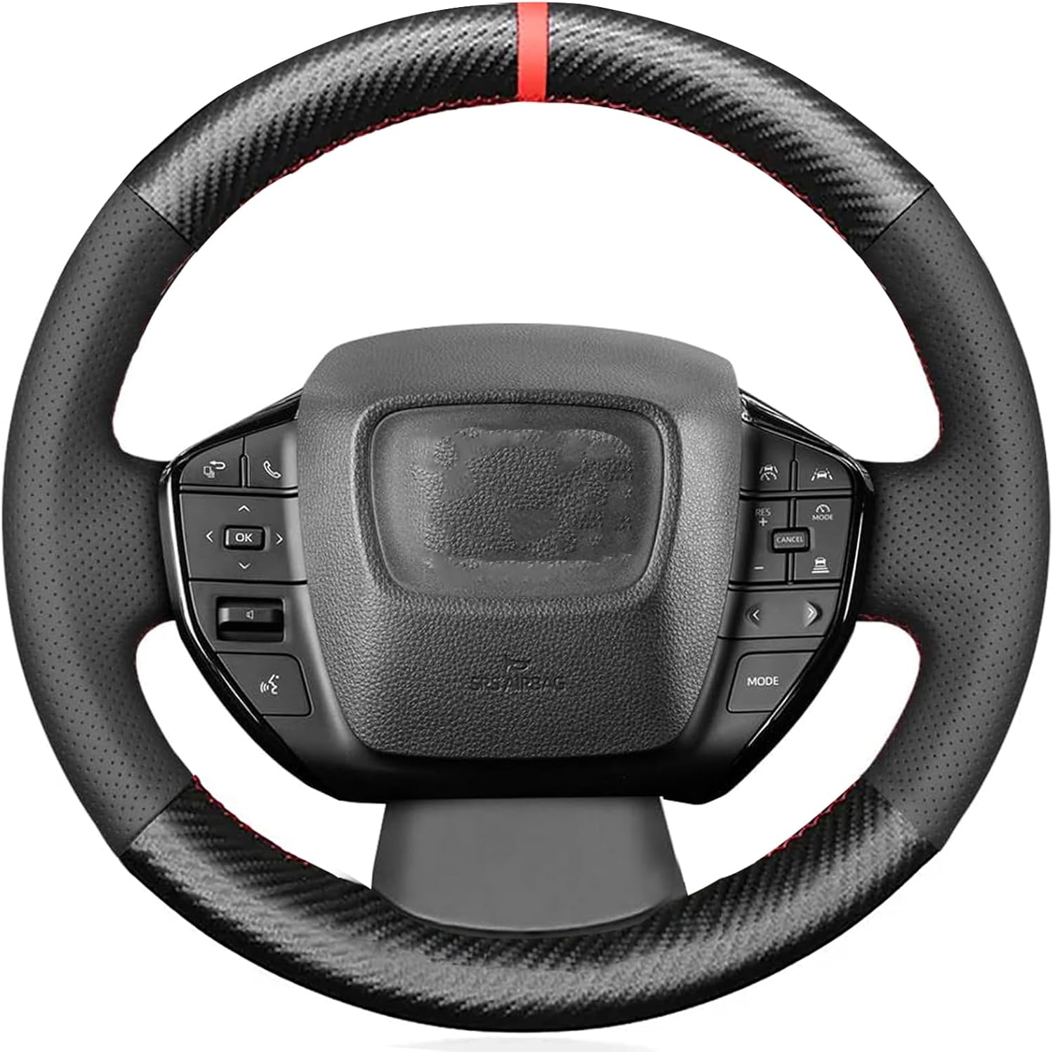 Black Genuine Leather Carbon Fiber Steering Wheel Cover for Toyota Prius Prime 2023 2024 2025 2026/ BZ4X 2023-2026/ for Subaru Solterra 2023 Accessories Car Interior Custom Fit Hand Stitched OEM