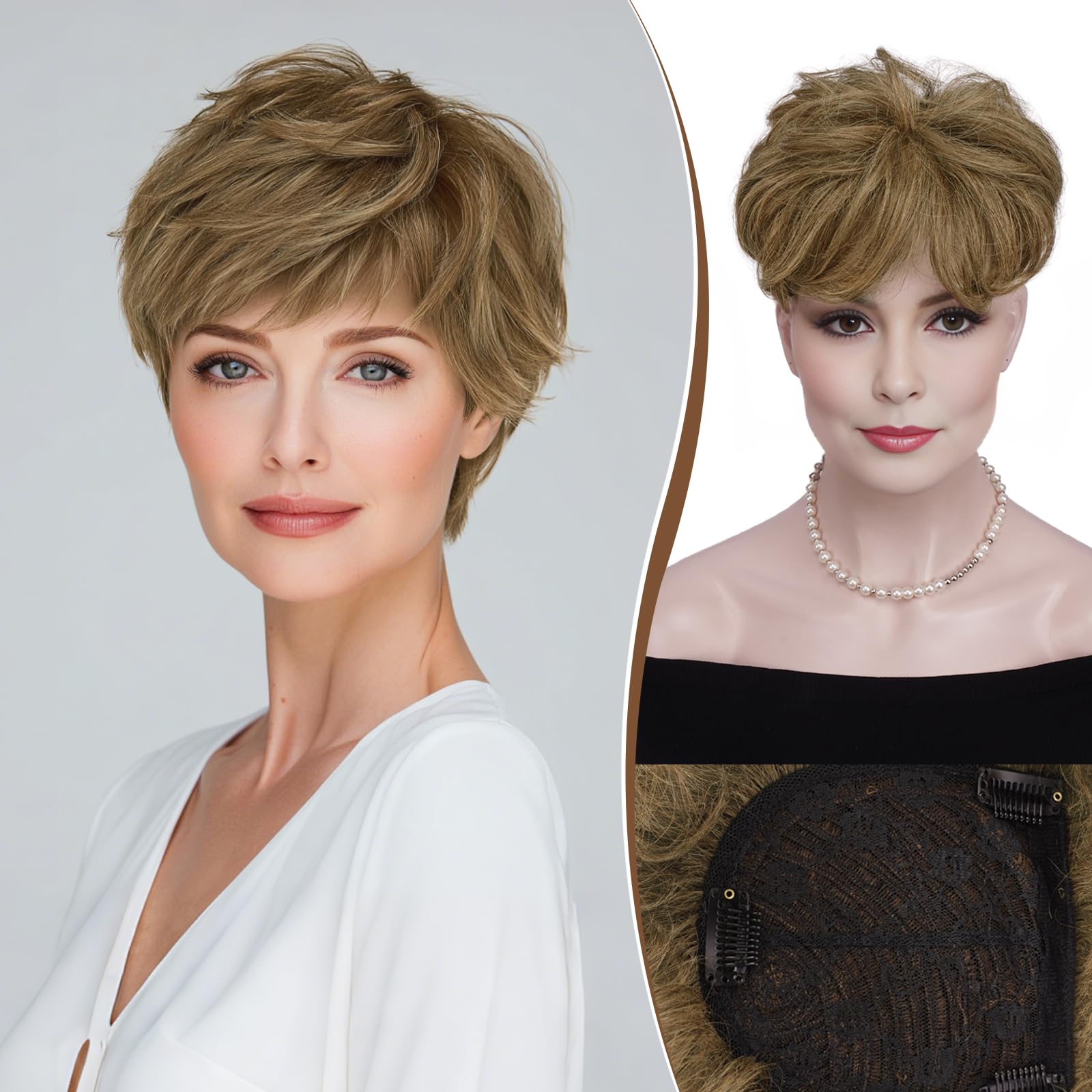 Photo 1 of RUWISS Short Human Hair Topper - Light Brown (Brown with 35% Blonde)