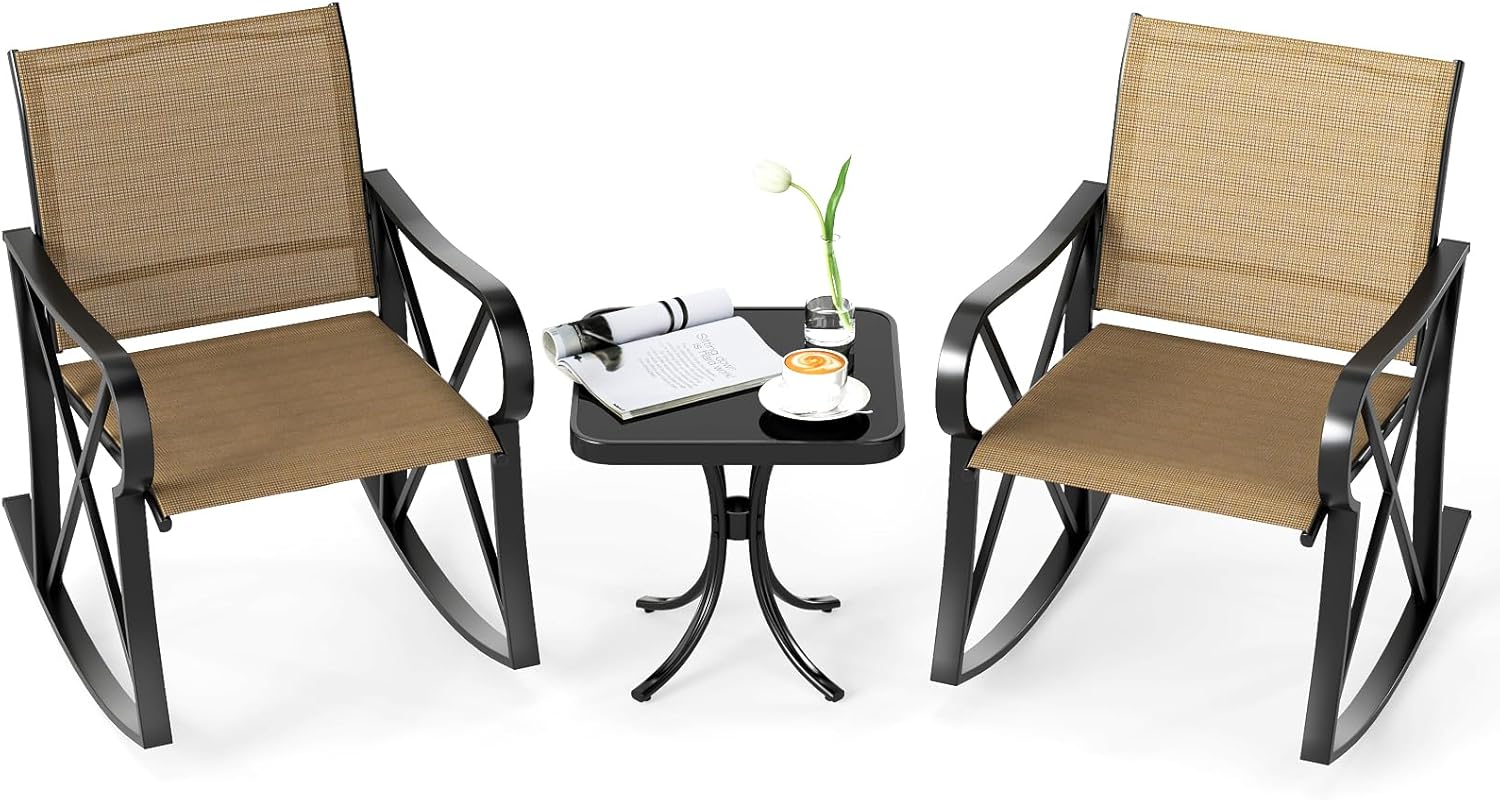 Tangkula 3 Piece Patio Rocking Set, 2 Rocking Chairs with Tempered Glass Side Table, Small Patio Furniture Set with Smooth Rocking Motion, Outdoor Rocker Chairs Bistro Set for Porch, Balcony (Brown)