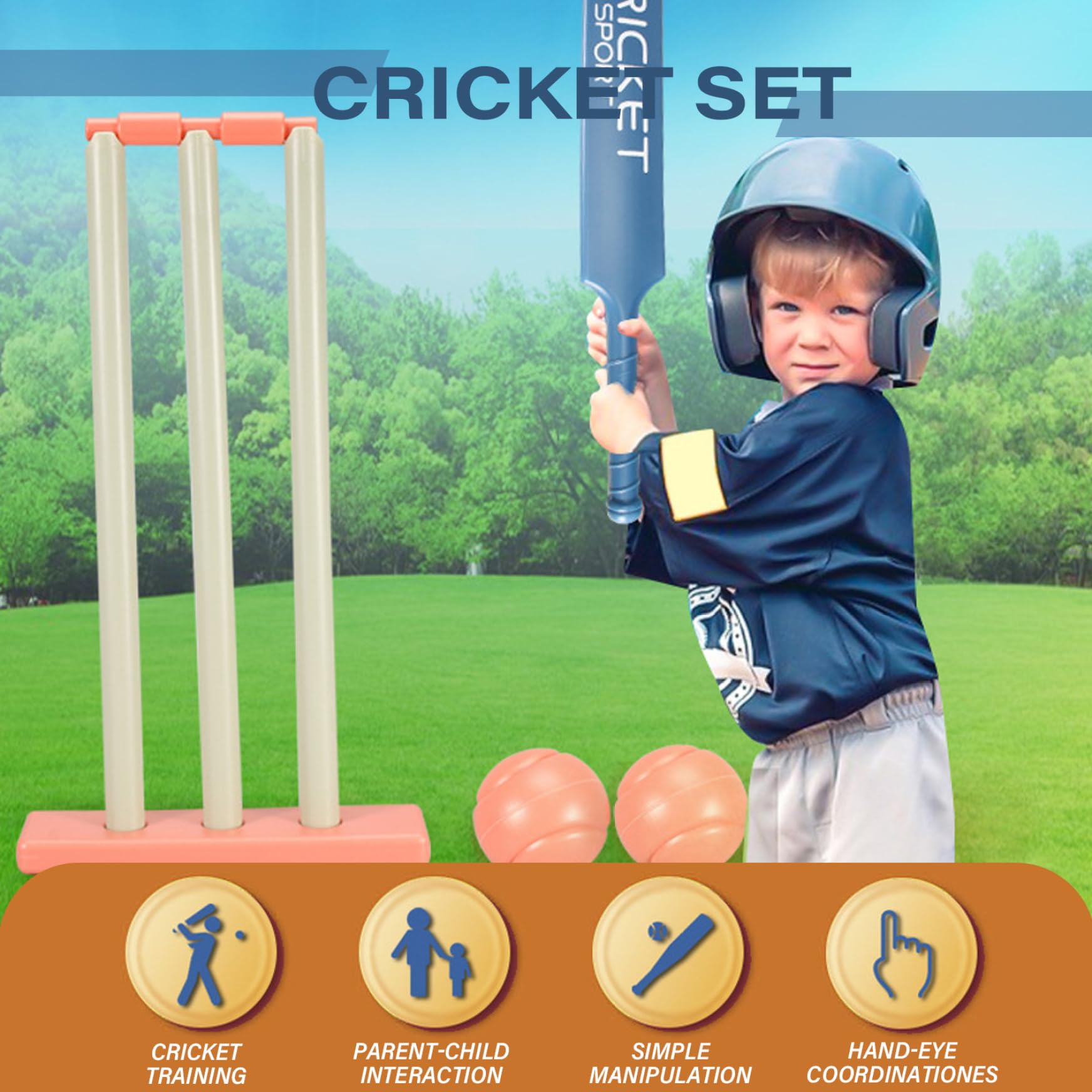 Cricket-Set für Kinder, Cricket-Kit mit ABS-Cricketschläger, Stümpfen, 2 Bällen, Eltern-Kind-Interaktionsspiel für Garten, Strand, Zuhause, Ausrüstung für Kinder ab 3 Jahren, Cric