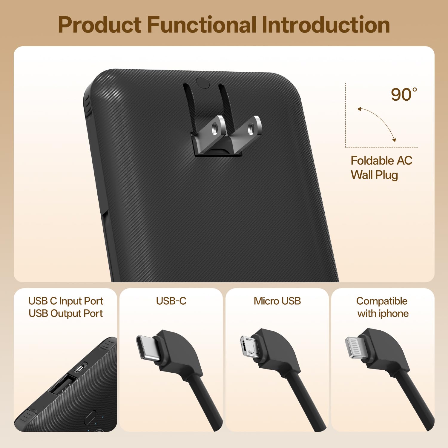 Brand Q Cargador portátil con cables integrados y enchufe de pared de CA, cargador delgado USB C esencial de viaje de 10000 mAh, batería externa compatible con iPhone, Samsung, tablet y todos los