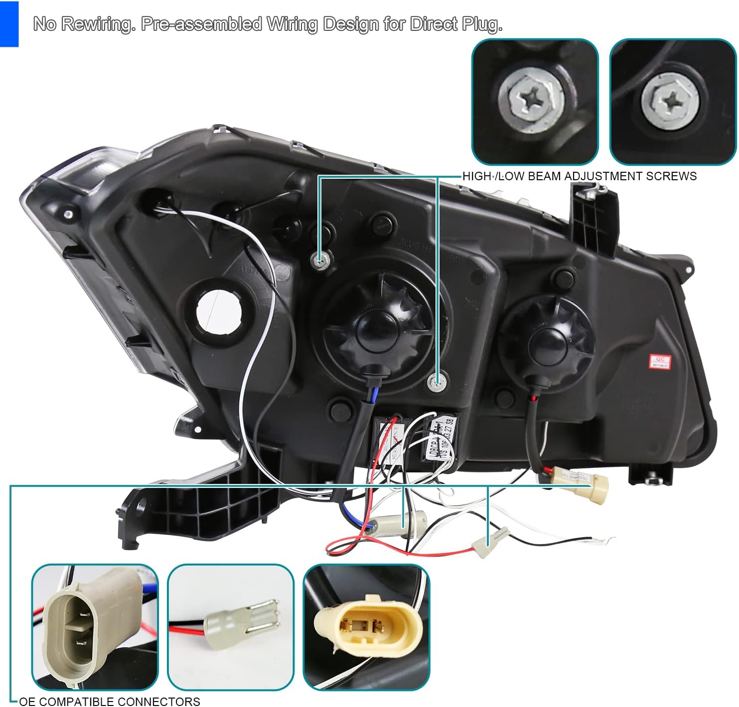 SPEC-D TUNING Twin Halo Black Projector Headlights Compatible with 2008-2012 Honda Accord 2 Door Coupe Left + Right Pair Headlamps Assembly