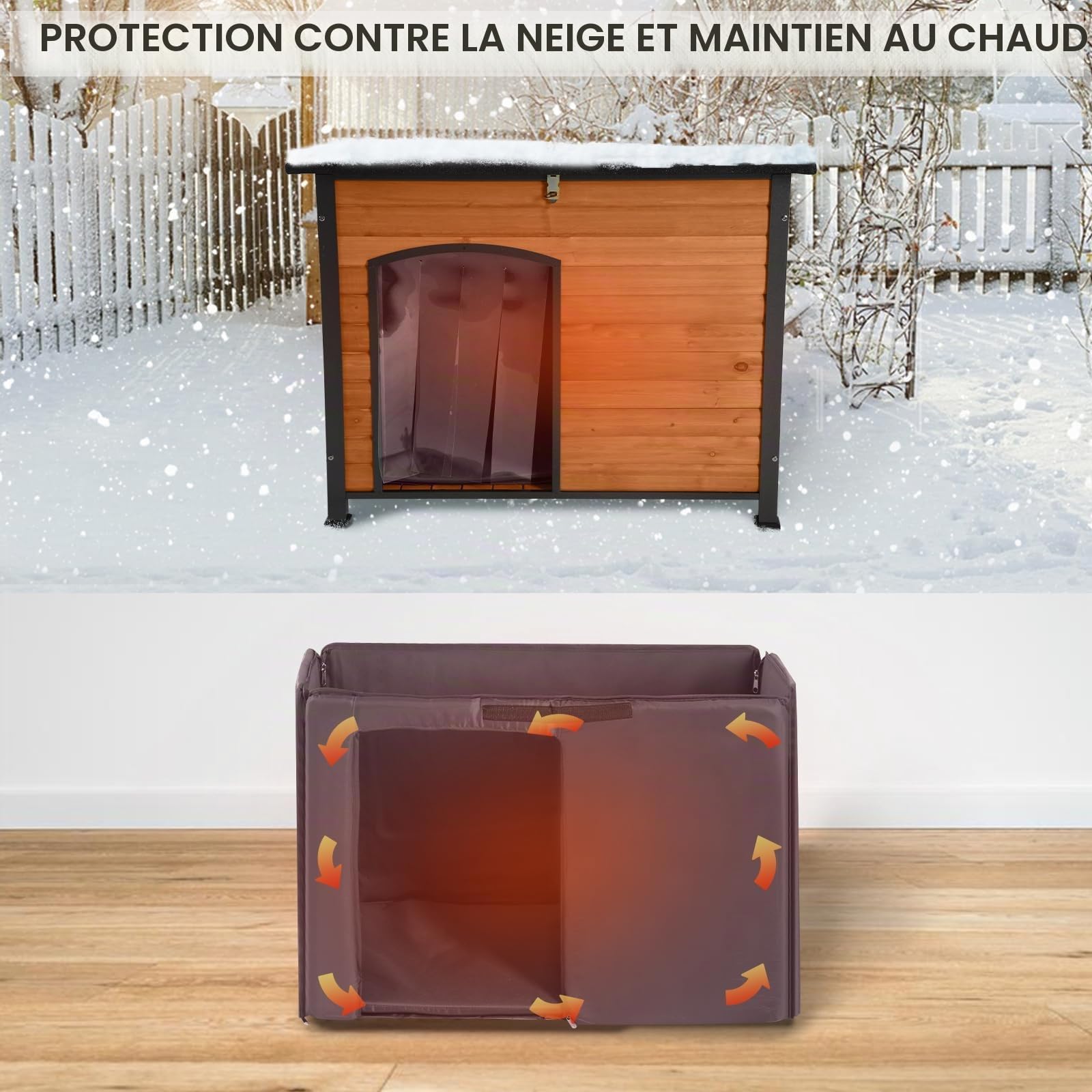Seiyierr Niche pour chien avec doublure isolée, Niche pour chien résistante aux intempéries pour l'intérieur et l'extérieur, adaptée aux petits, moyens et grands chiens avec cadre en fer tout rond
