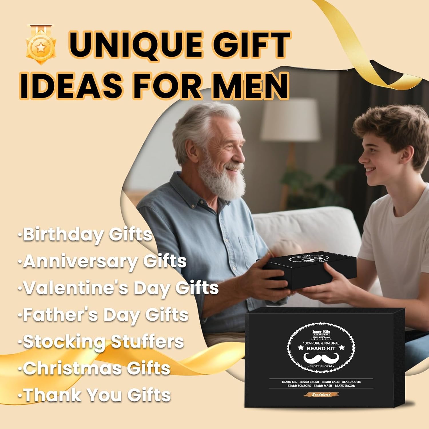 Isner Mile Beard Grooming Kit for Men Care: with Beard Wash - Oil - Balm - Brush - Comb & Straight Razor, Mens Birthday Christmas Stocking Stuffers Valentines Day Gifts for Him Boyfriend Dad Husband - Image 2