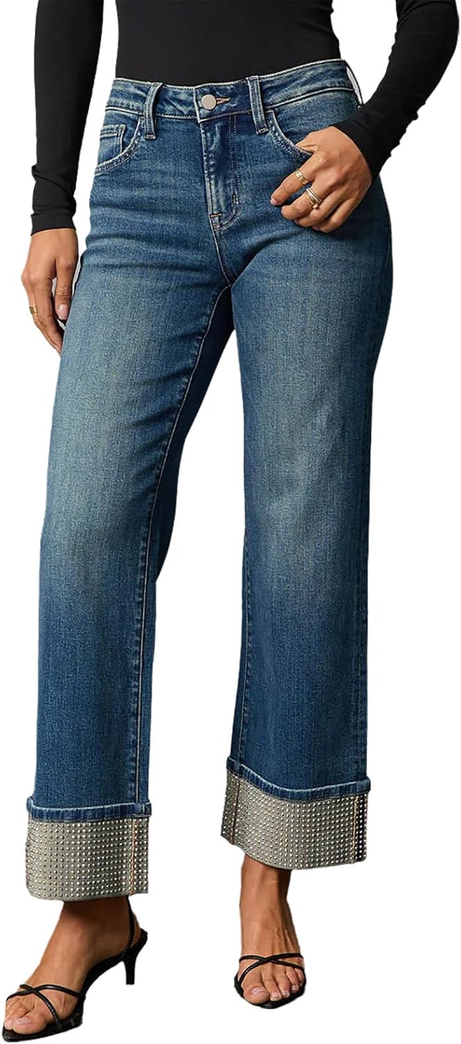 Women's High Waisted Straight Leg Jeans Rhinestone Sparkle Stretch Trendy Streetwear Boyfriend Jeans