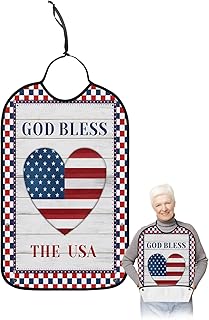 Funny Adult Bibs for Eating, Independence Day God Bless the USA Red Blue Checker Plaid Waterproof Clothing Protector Washable Adult Bib with Crumb Catcher for Men Women Elderl and Seniors