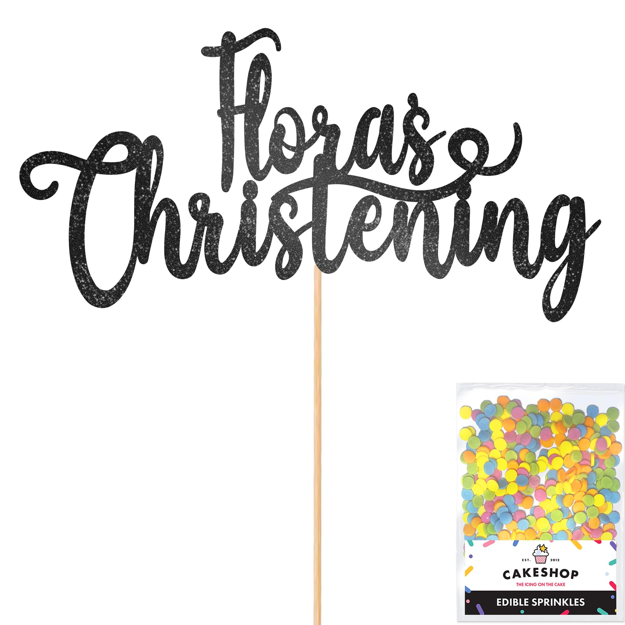 Cakeshop Personalised Christening Glitter Cake Topper With Sprinkles - Black Custom Colour - Any Name - Double-Sided Glitter Card Cake Decoration - Custom Toppers for Cakes