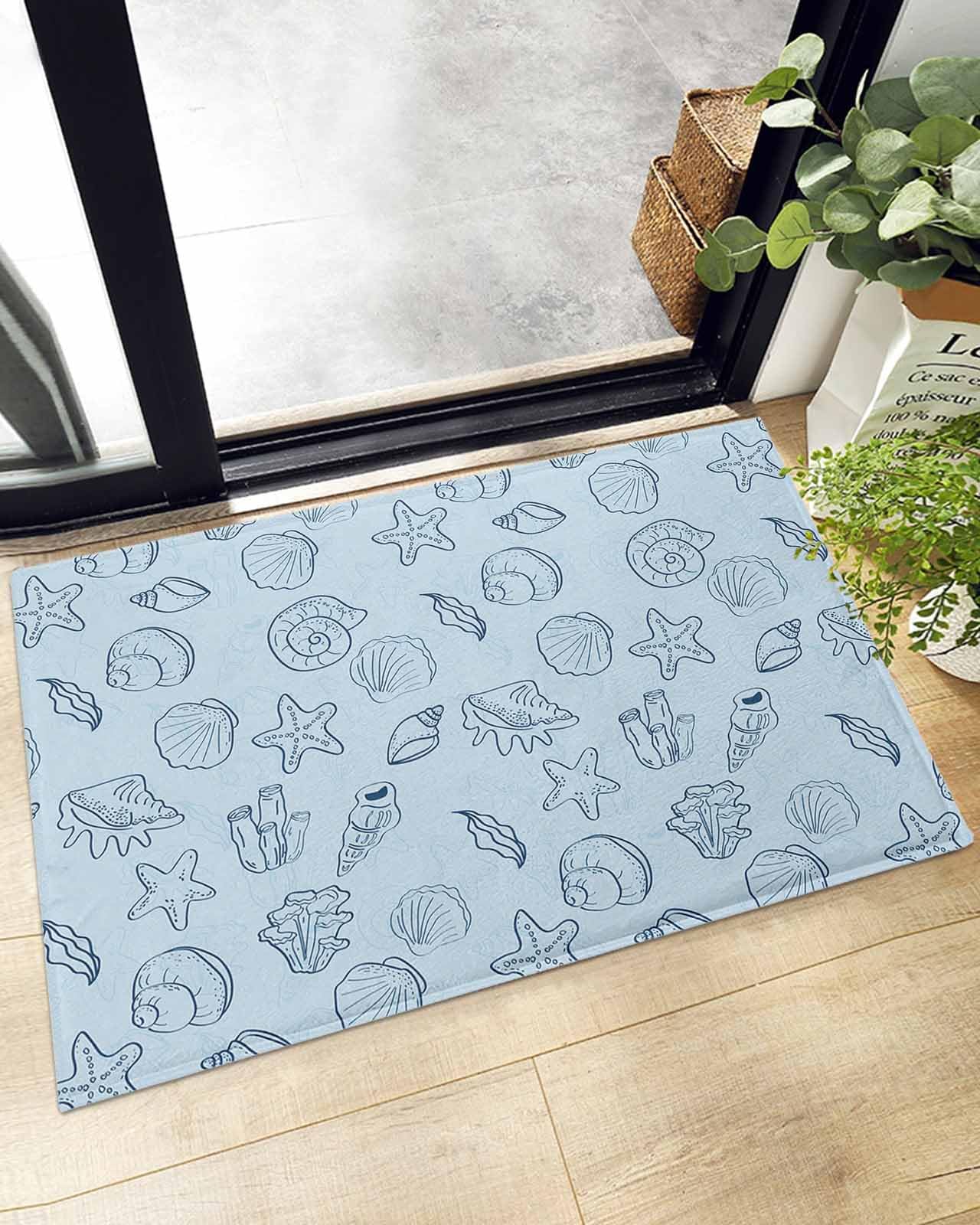 Indoor Doormat Ocean Shell Conch Starfish Seaweed,Shaggy Floor Mat with Non-Skid Backing Summer Marine Life on Blue,Machine Washable Plush Area Rug Carpets for Kitchen Nursery Bedroom