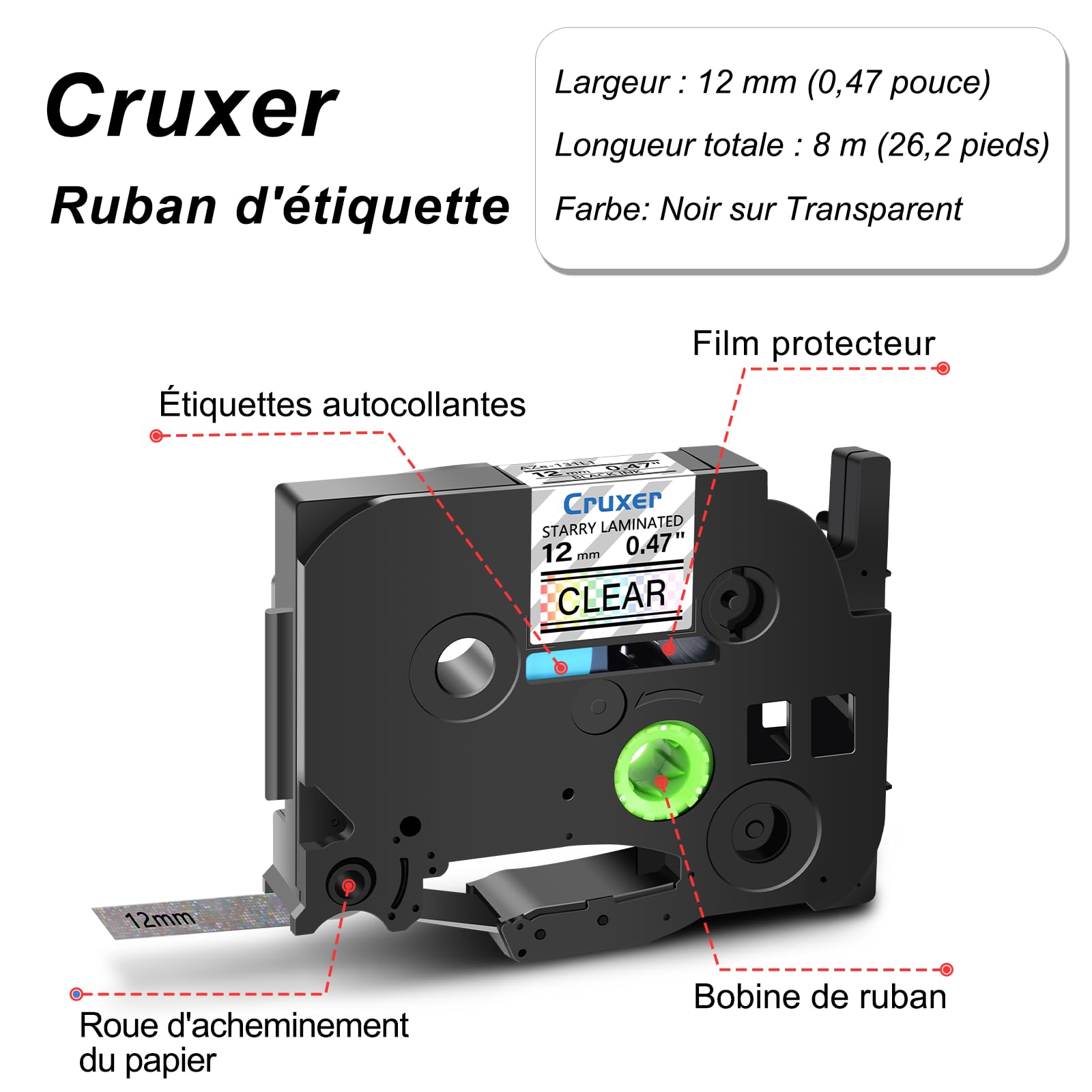Lot de 50 Ruban compatible P-touch TZe-131L1 Noir sur Transparent 12 mm