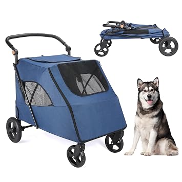 Large Dog Travel Stroller with 4 Heavy Duty Wheels, Pet Stroller with Adjustable Handle - Large Capacity Jogger Wagon with Back Front Door for Small Medium Large Dogs Outdoor Navy