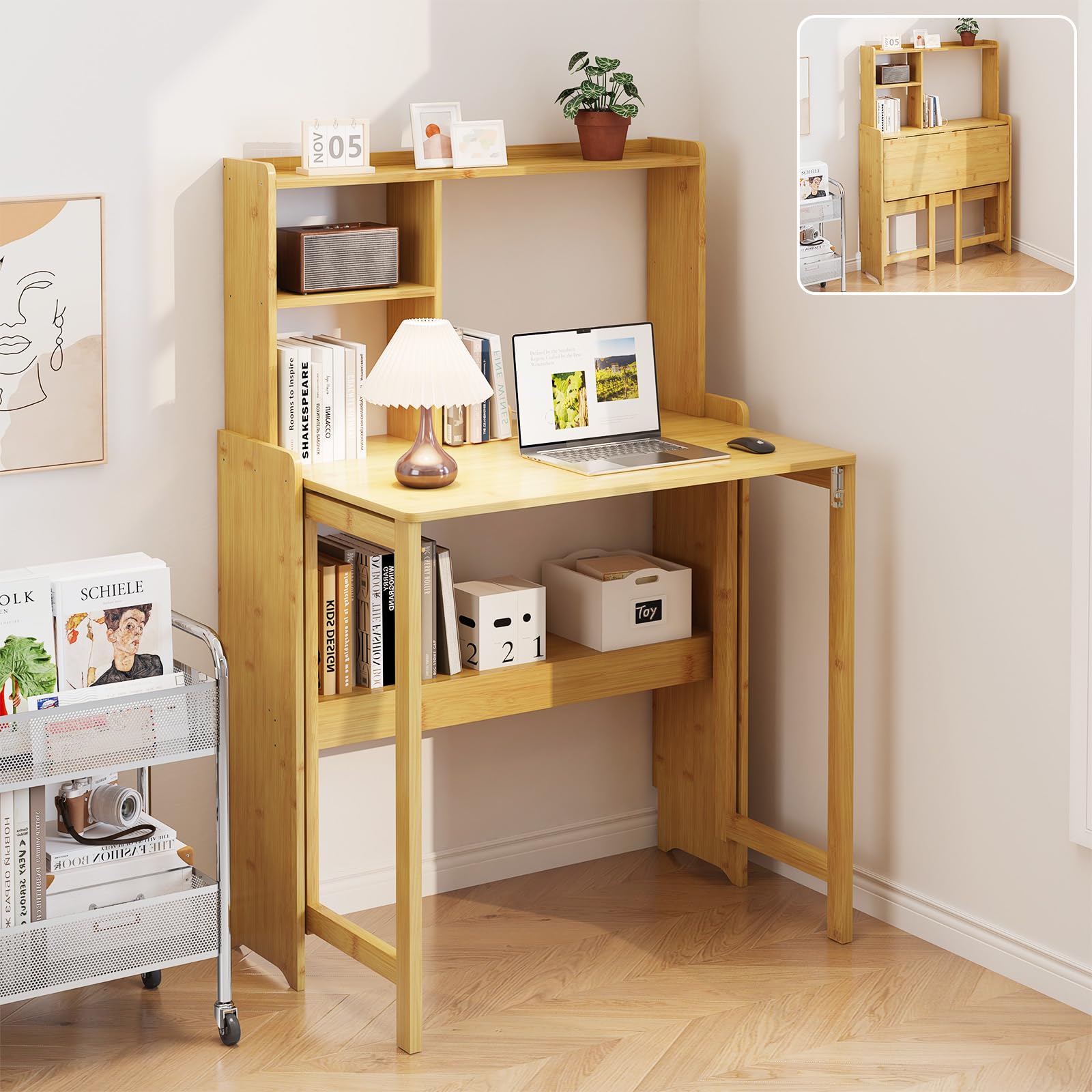 Amazon.co.jp: 折りたたみデスク 本棚付き 竹製 折りたたみテーブル