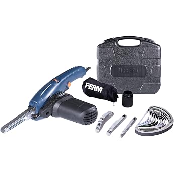 FERM Precision Belt Sander - Power File - 400W - Variable Speed Control - Vacuum Adapter - With 3 Sanding Arms 12 Sanding Belts and Storage Case