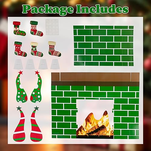Miniatura 2 de Chimenea de cartón de Navidad para chimenea, telón de fondo 3D de ladrillo verde gigante para decoración de fiesta de Navidad, decoración de fondo,